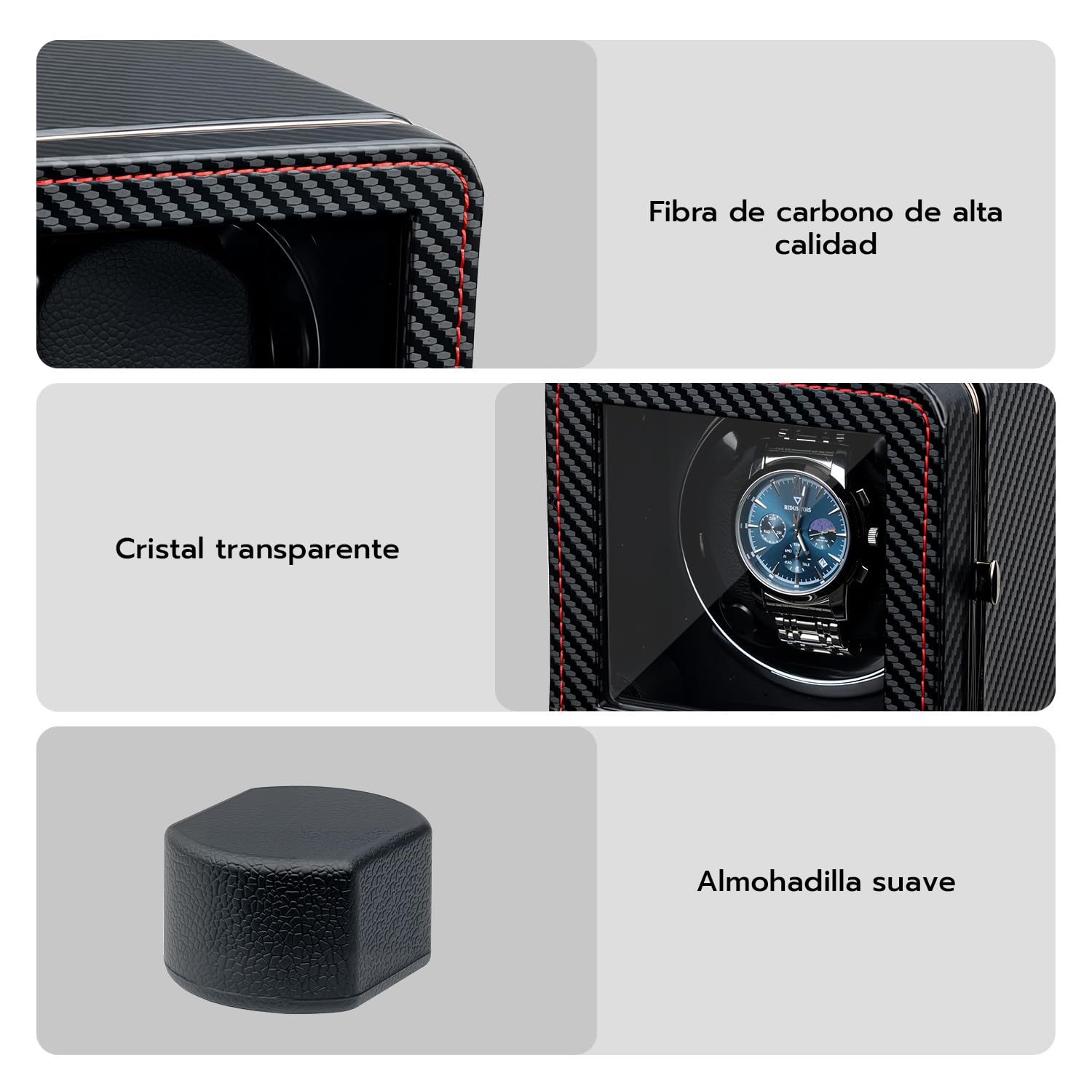 Mcbazel Enrollador de Relojes Automático con Luz LED – Watch Winder Caja Giratoria para un Solo Reloj, Motor Silencioso, 4 Modos de Rotación, Caja de Reloj en Piel PU - Fibra de Carbono