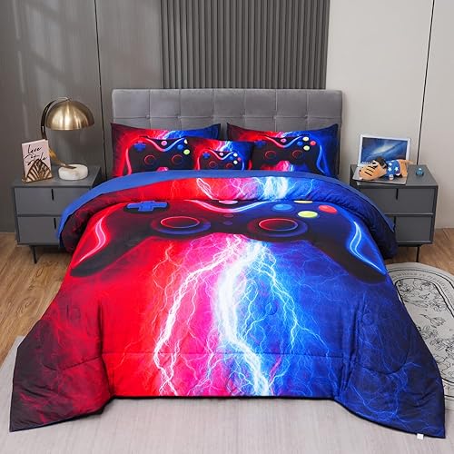 Miniatura 3 de 6 piezas de ropa de cama de tamaño completo para niños, conjuntos de edredón con diseño de rayos, rojo y azul, con sábanas