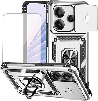 for Xiaomi Redmi Note 14 4G Case with Tempered Glass Screen Protector and Slide Camera Cover, Magnetic Ring Car Mount Holder Kickstand Protective Cover for Xiaomi Redmi Note 14 4G Silver