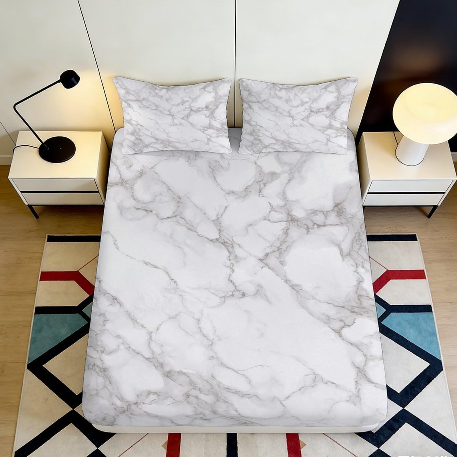 3D Printed Marble Texture Fitted Sheet Microfiber Soft Anti-Slip Bed Cover for Bedroom Guestroom Dustproof Decor 90x200x25cm