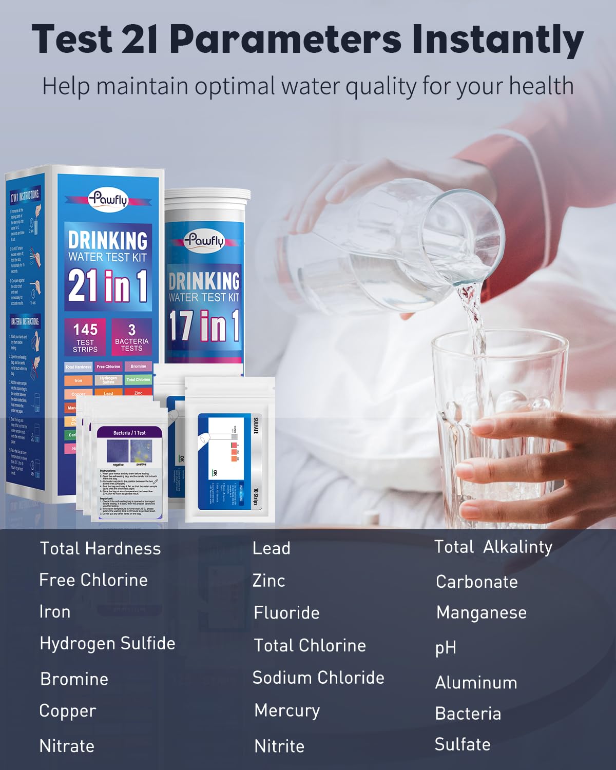 Pawfly 21 en 1 Kit de Prueba de Agua Potable, 125 Tiras para el Agua del Grifo Piscina Acuario, hogar Tiras de Prueba de Calidad del Agua para pH dureza Cloro Plomo Hierro Cobre nitrato fluoruro
