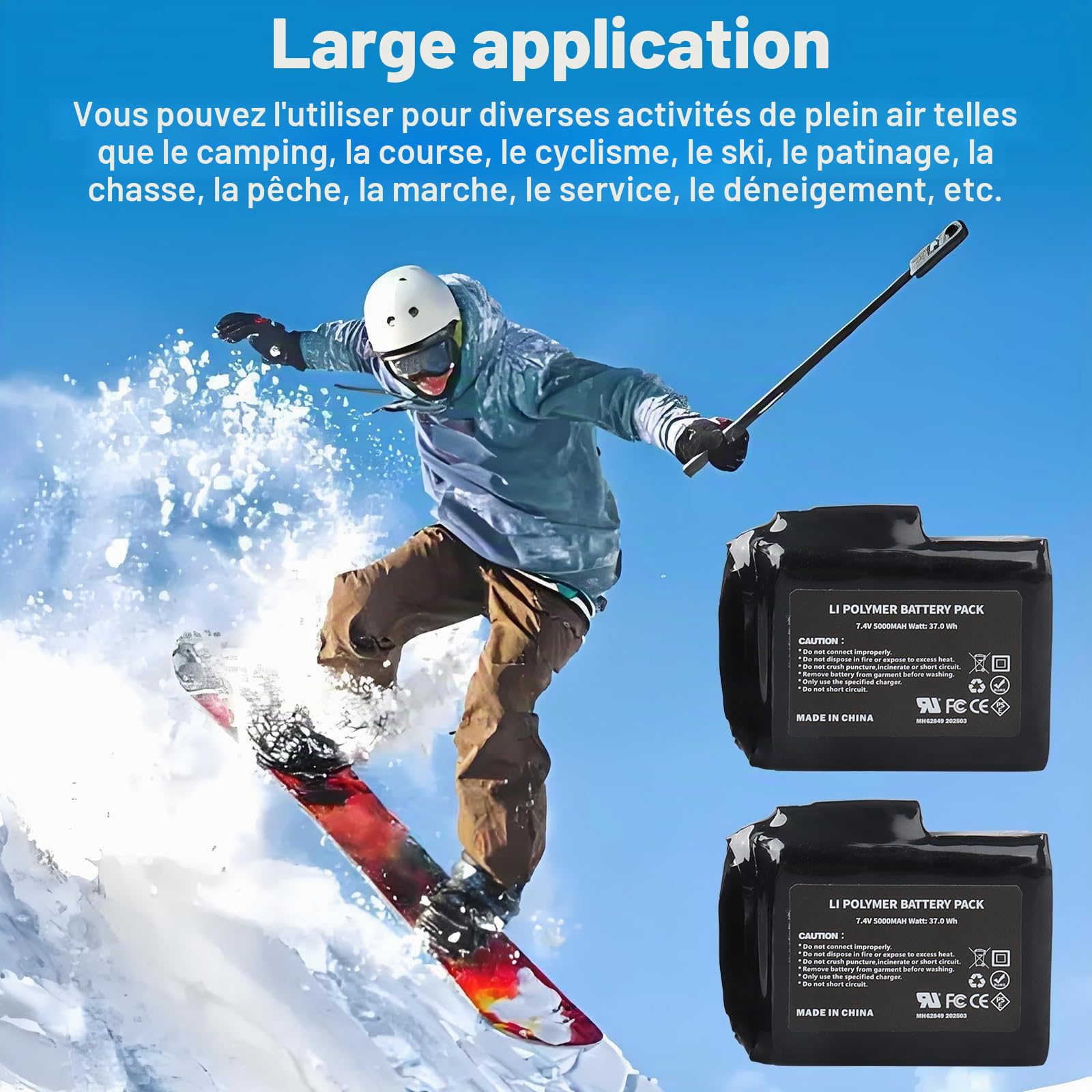 Lot de 2 Batteries Lithium-polymère Rechargeables 7,4 V 5 000 mAh 37 Wh avec Chargeur pour Gants Chauffants,Chaussettes chauffantes,Bonnets Chauffants, cagoules chauffantes,Semelles chauffantes