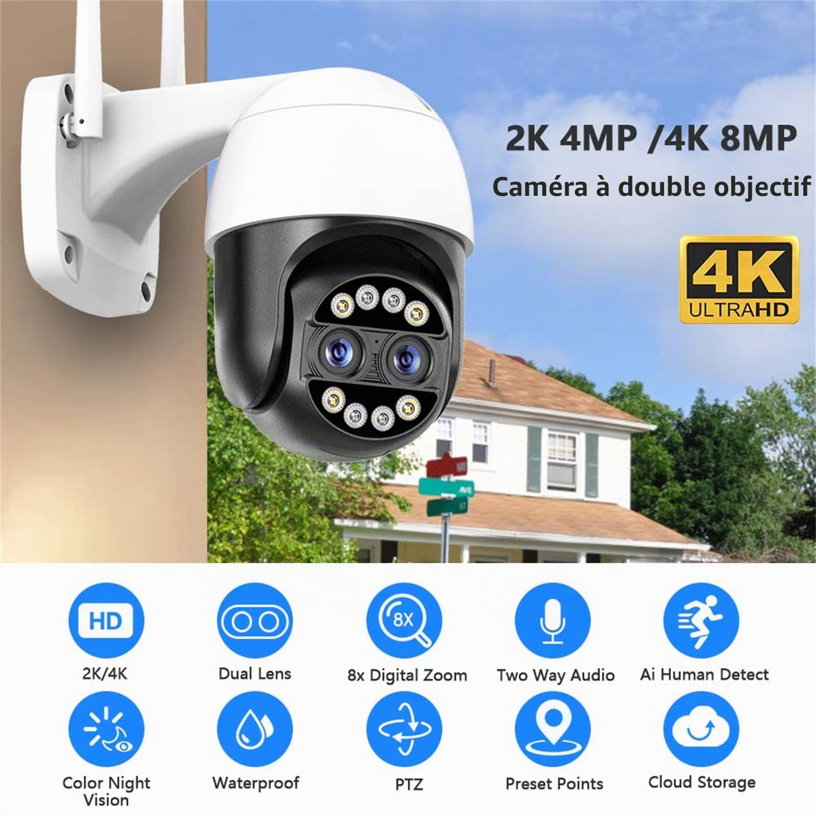 Caméra De Sécurité Extérieure, Caméra De Surveillance Filaire À Vision Nocturne Couleur 4K 8MP Zoom 8X Avec Vue PTZ À 360 °, Détection De Mouvement, Sirène, Audio Bidirectionnel