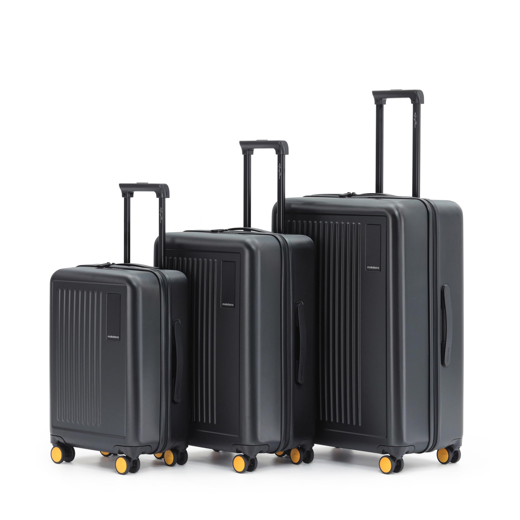 MOKOBARA Transit Set of 3 Luggage Trolley Bag,Cabin(40L)+Check-in(65L)+Check-in Large(100L),Lightweight Polycarbonate Hardshell,360°Silent Wheels,Premium Zipper,for 30+ Days Travel,Black(Money Moves)