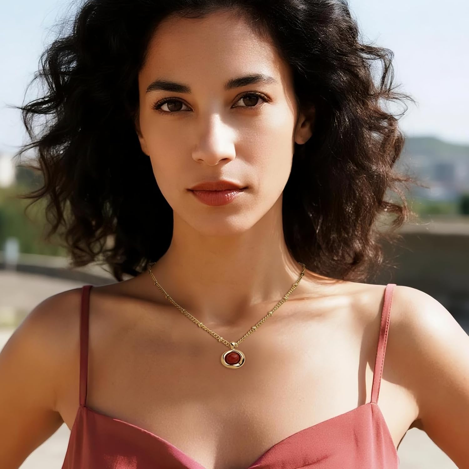 Sonateomber Gold Stone Pendant Necklaces for Women, Chunky Gemstone Dangle Necklace Wedding Prom Fashion Jewelry Gift - Image 2