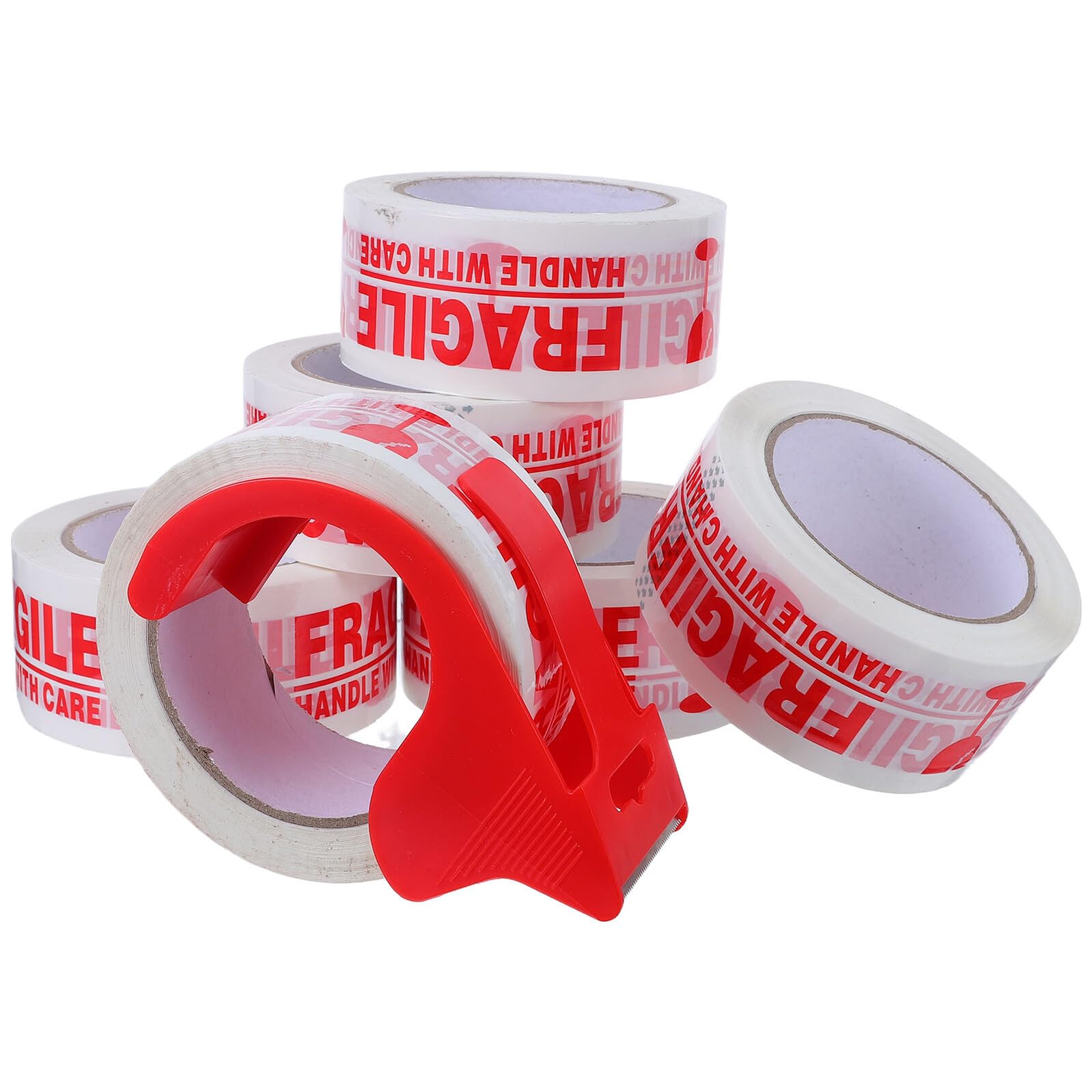 jojofuny Lot de 6 Rouleaux de Ruban Adhésif Fragile pour Colis avec Distributeur Rouge, Ruban de Marquage Autocollant D'expédition, Étiquettes Fragiles pour Déménagement et