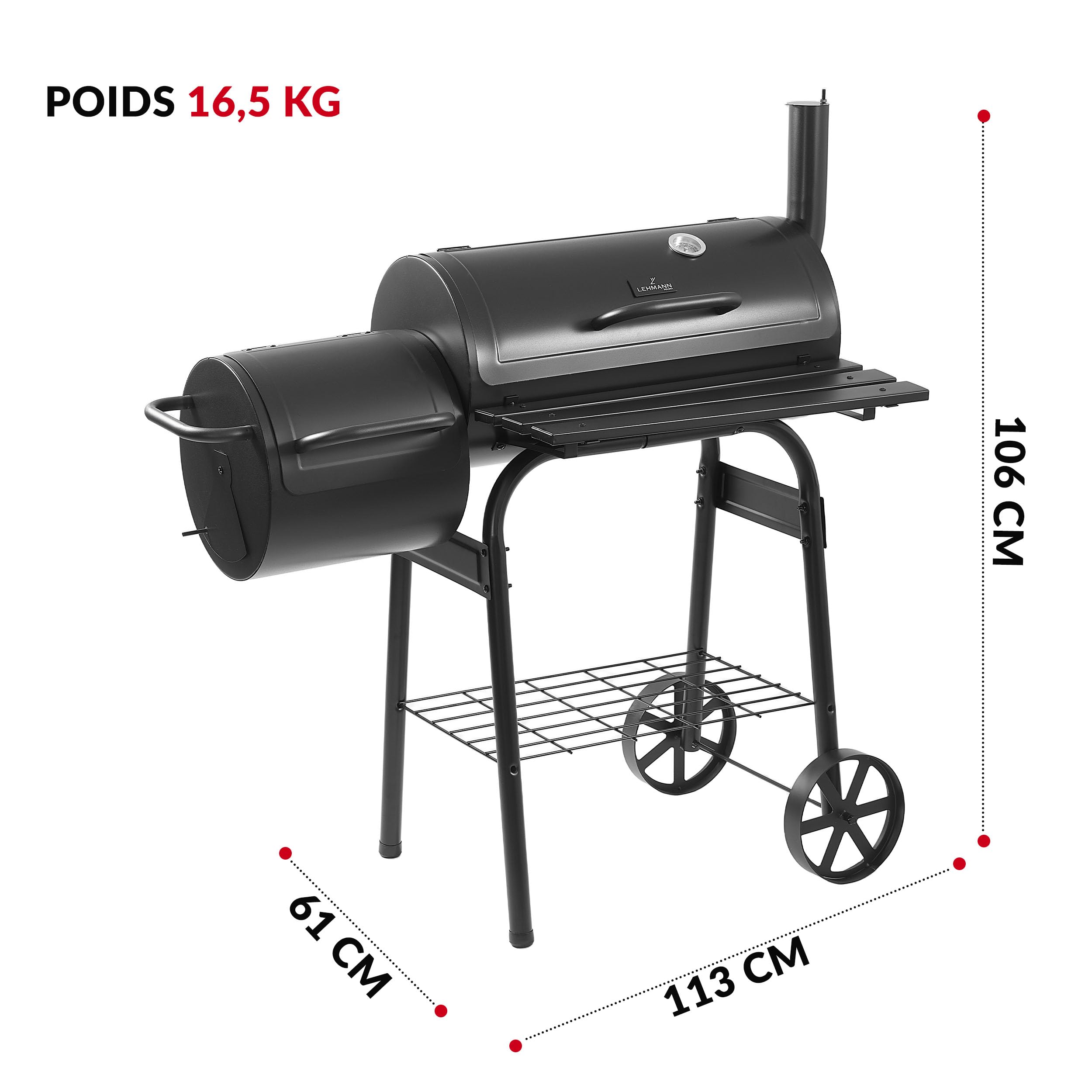 LEHMANN Barbecue Charbon de Bois et Fumoir 2 en 1, Grille XXL, Couvercle avec Thermomètre, Tablette Pliable, BBQ mobile 2 Roues