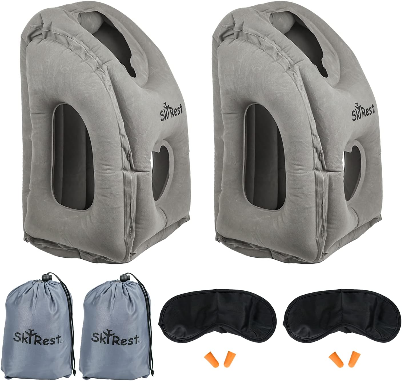 Skyrest Inflatable Travel Pillow- Neck Pillows for Travel, Travel Pillow for Sleeping Comfortably on Airplanes, Airplane Pillow for Buses, Cars, Office & Trains-Free Eye Mask & Earplugs- Grey, 2 Pack