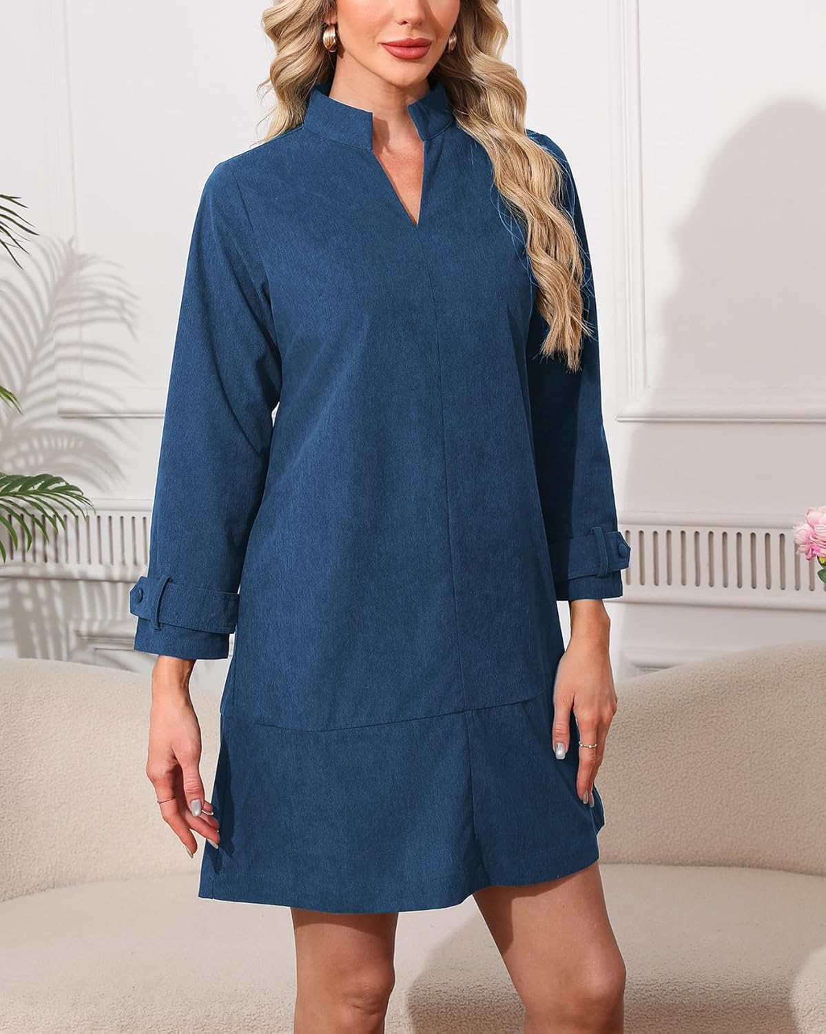 Women's Corduroy Dress 3/4 Sleeve V Neck Stand Collar Casual Vintage Fall Mini Shift Dress with Pocket - Image 7