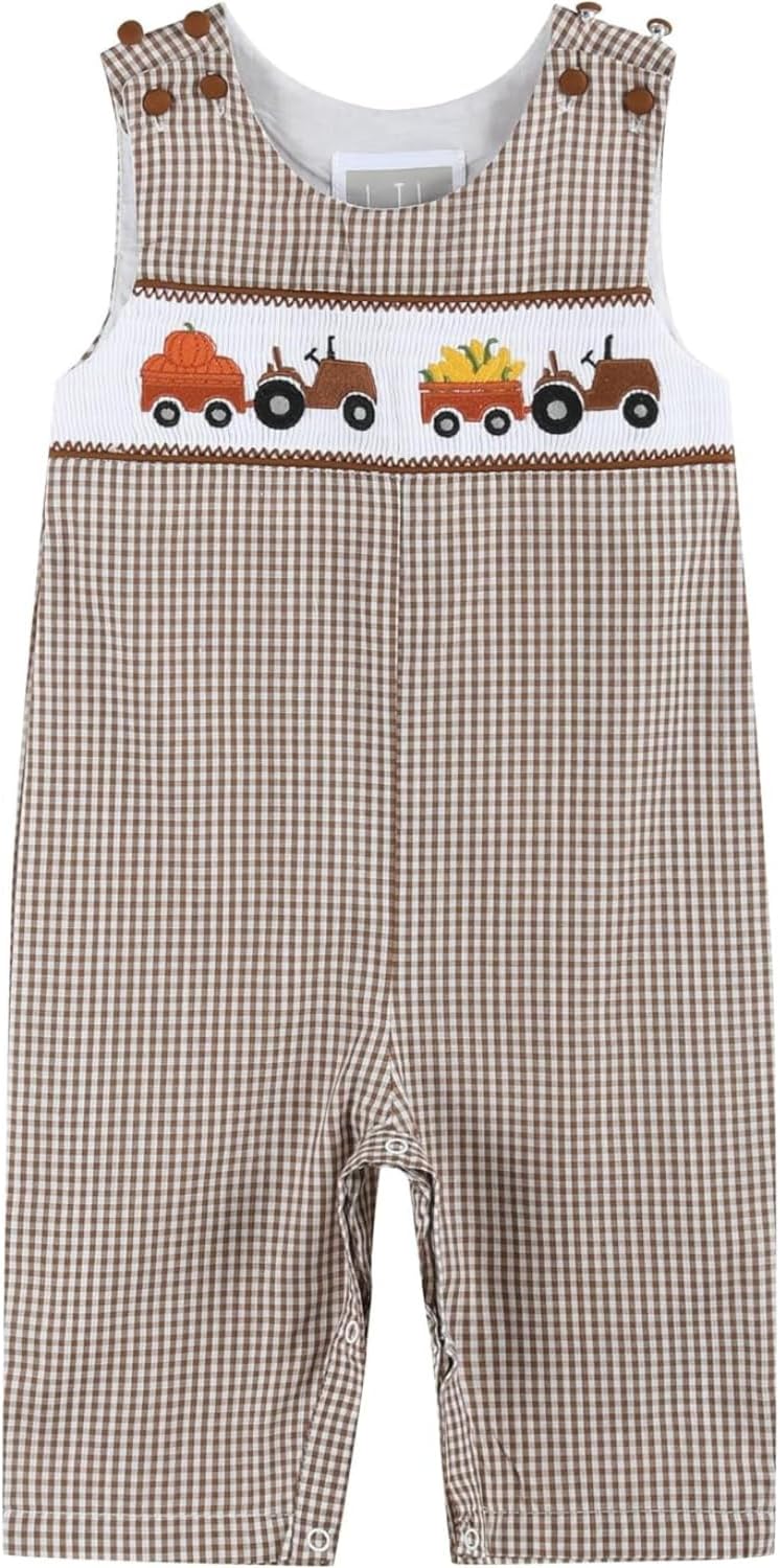 Lil cactus Brown Gingham Pumpkin and Corn Tractor Smocked Overalls