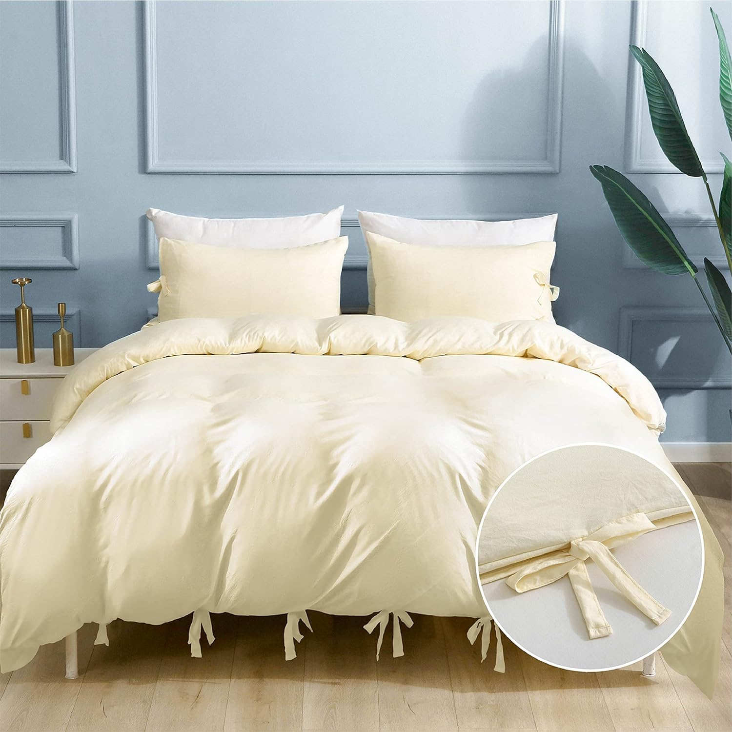 ILAVANDE King Duvet Cover Set, Ultra Soft Washed Microfiber Duvet Cover King Size,3 Piece Comforter Cover with Bowknot Bow Tie,1 104 * 90 Duvet Cover and 2 Pillow Shams(King,Creamy Yellow)