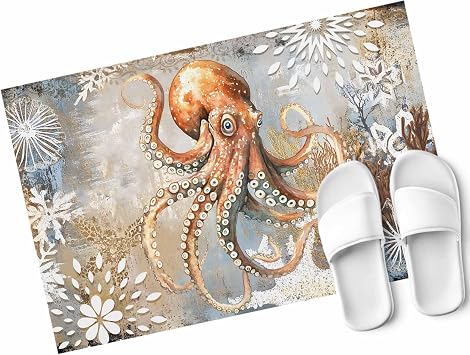 Retro Abstract Ocean Octopus Door Mat Indoor Entrance 31.5"x20", Marine Life Starfish Watercolor Non Slip Front Door Mats Washable Low-Profile Absorbent Doormat for Inside Floor Entryway Laundry