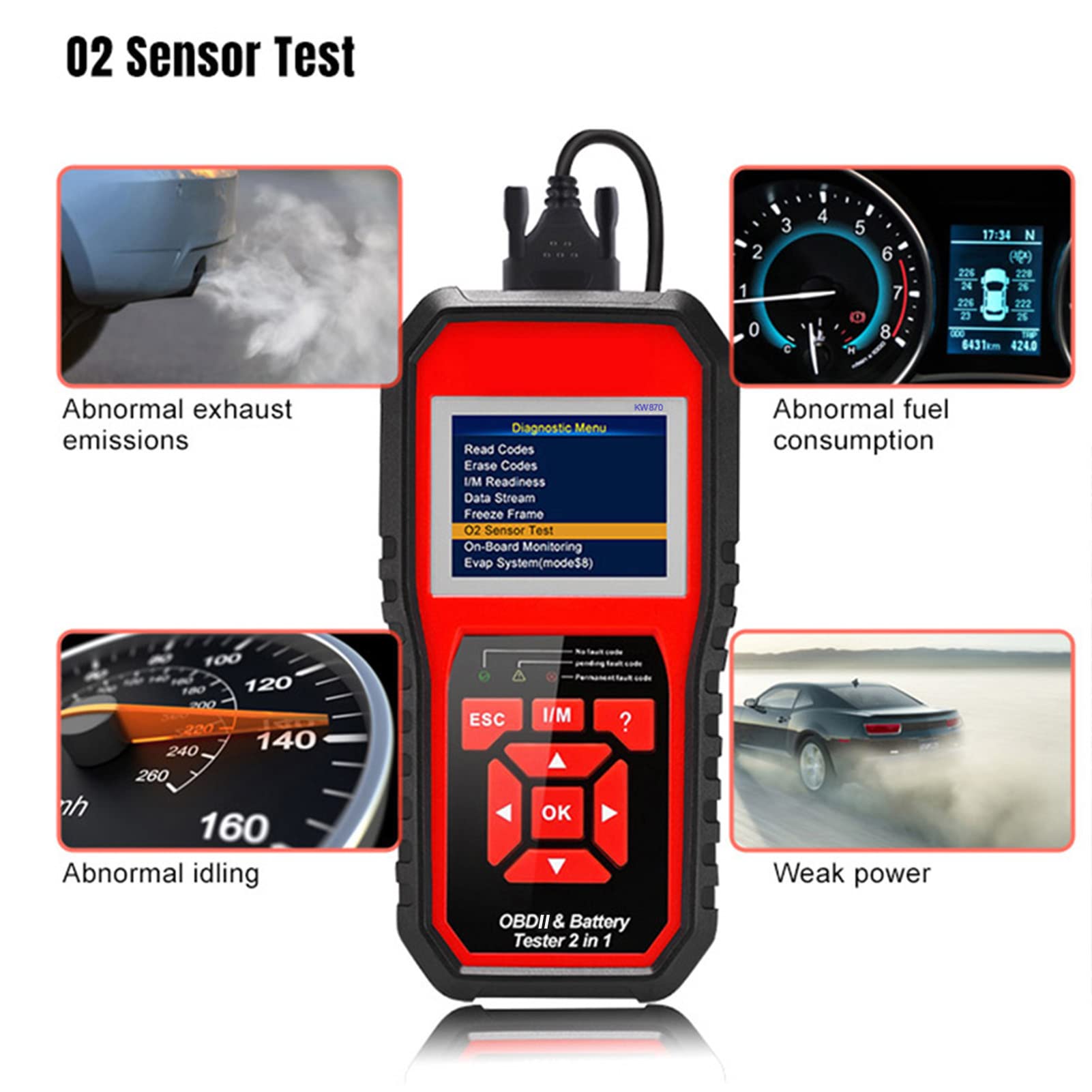 KW870 Scanner di Codici Diagnostico Automatico Professionale con Tester Batteria, per Proprietari di Veicoli, Strumenti Scansione Diagnostica Automatica 2 in 1 per Officina Riparazioni Auto