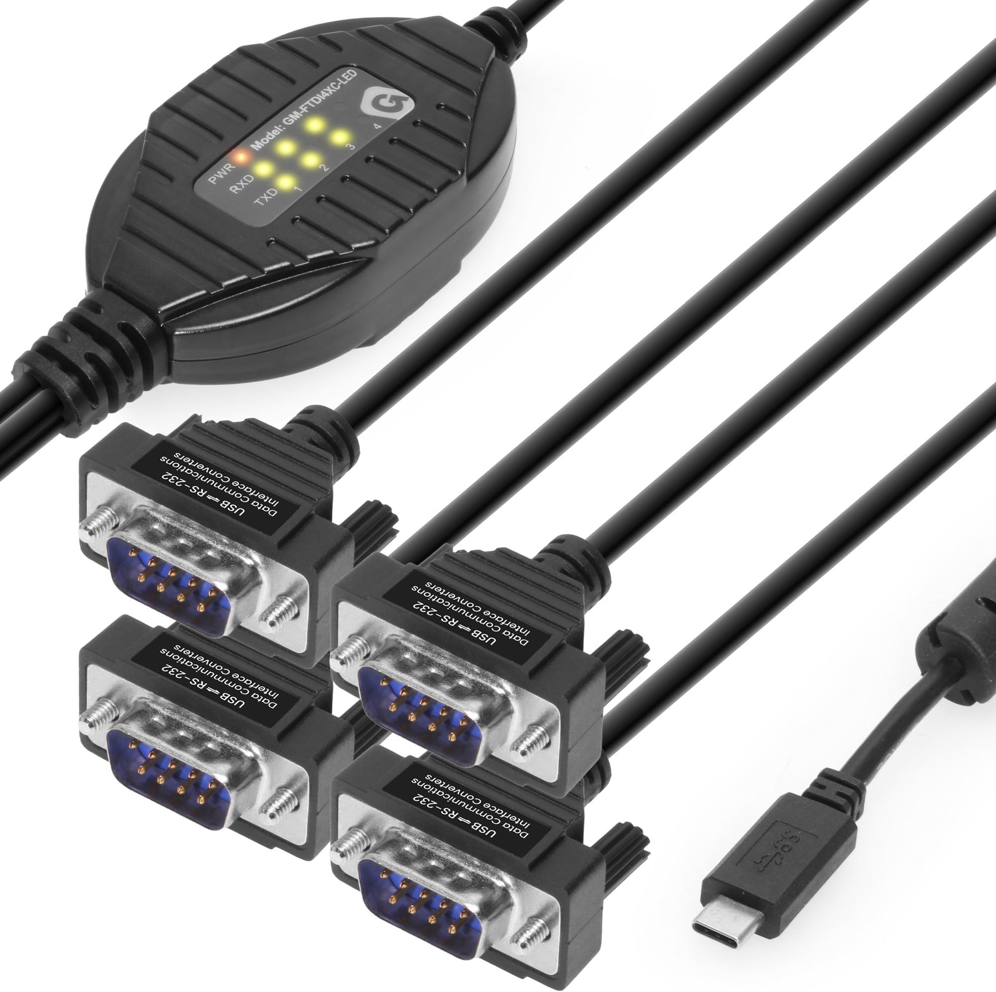 Gearmo 4 Port RS-232 to USB Type-C Adapter with LED Indicators, 5ft Length, FTDI Chipset, ESD Protection, Windows/macOS/Linux Compatible