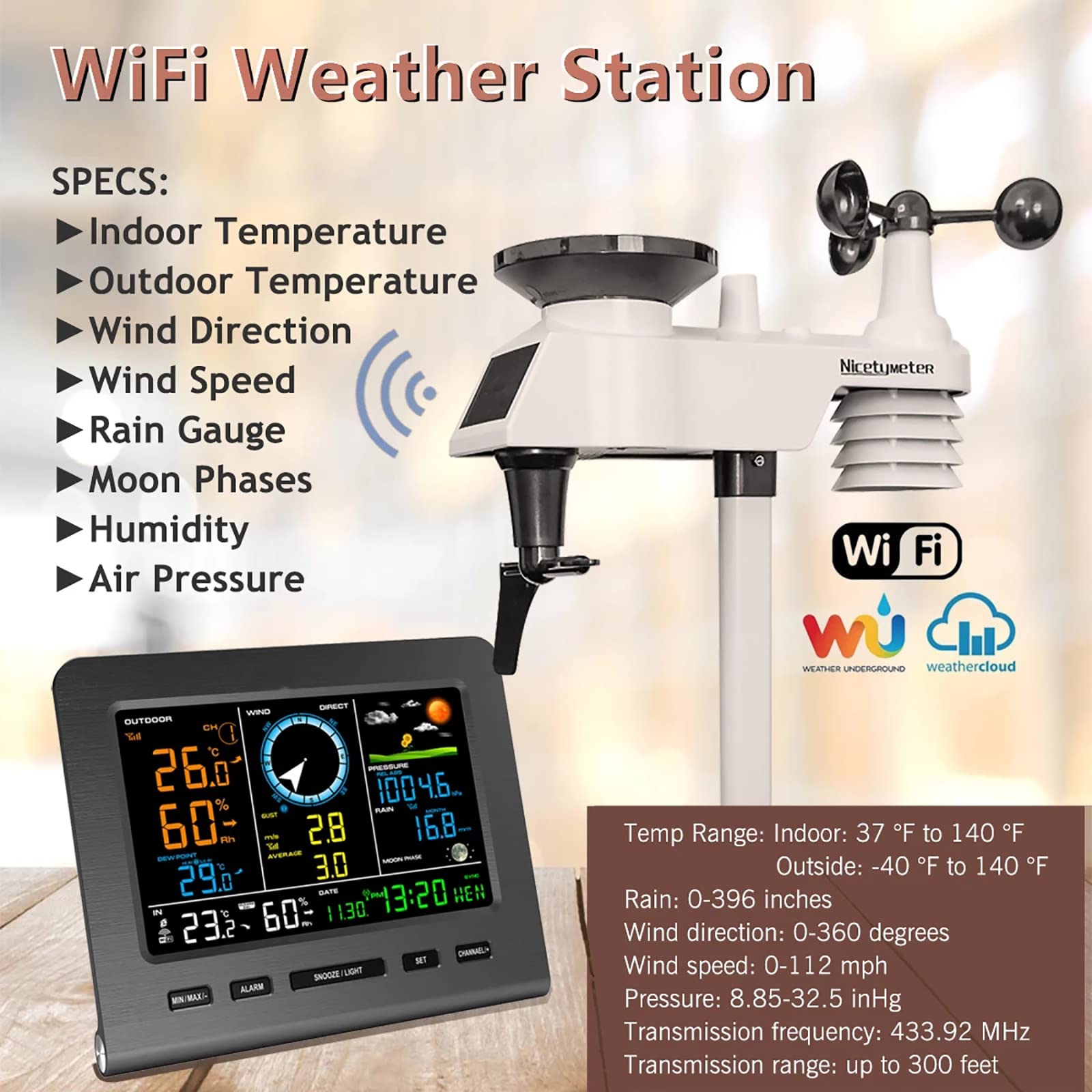 Stazione meteorologica WiFI digitale 8 in 1, Stazione meteorologica wireless con sensore wireless, Velocità del vento, Direzione del vento, Pioggia, Temperatura, Umidità, Barometrica, Illuminamento