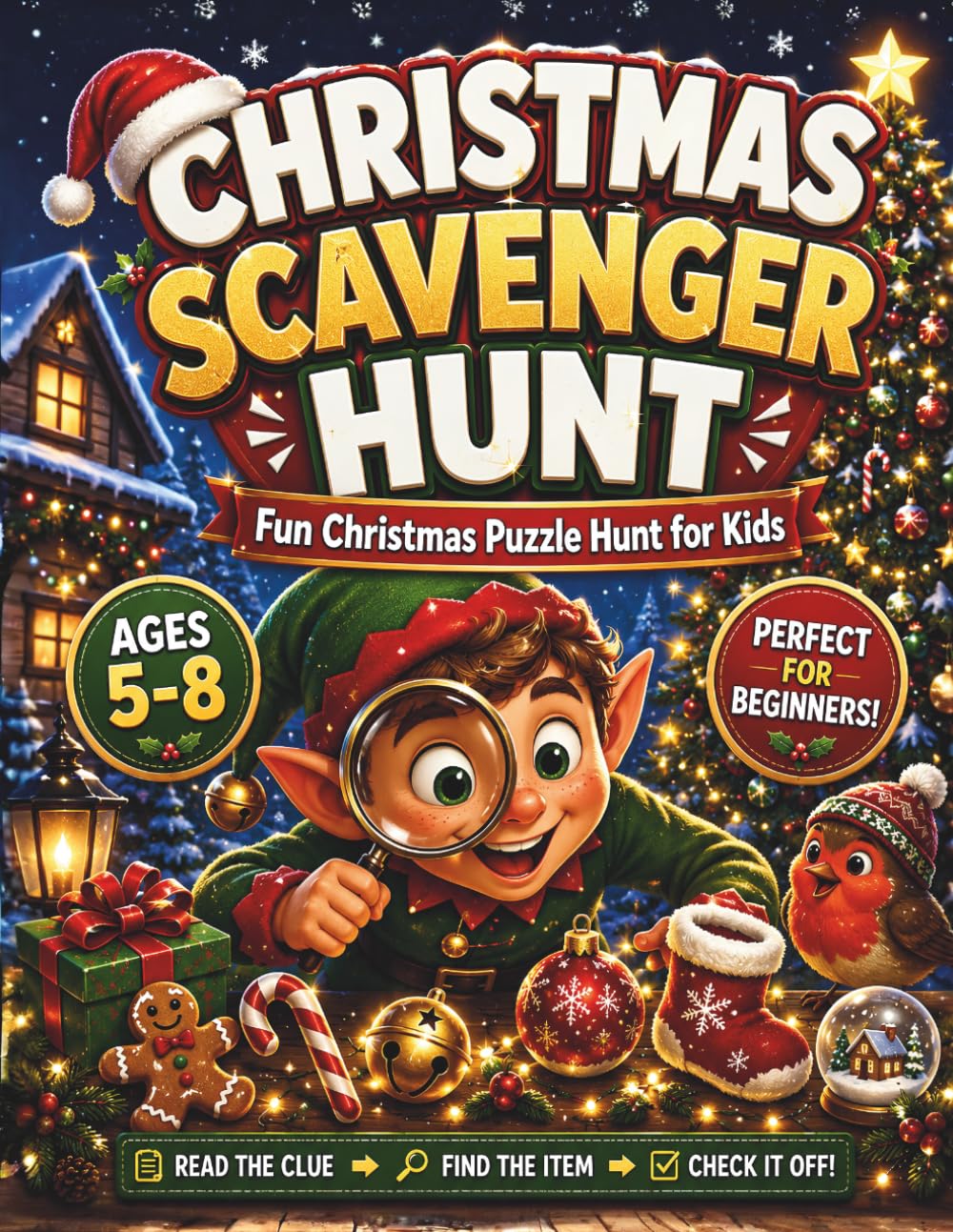 Christmas Scavenger Hunt for Kids Ages 5–8: 20 Fun Puzzle Rounds: A Screen-Free Christmas Activity Book with Holiday Clues, Search Challenges, and Festive Fun