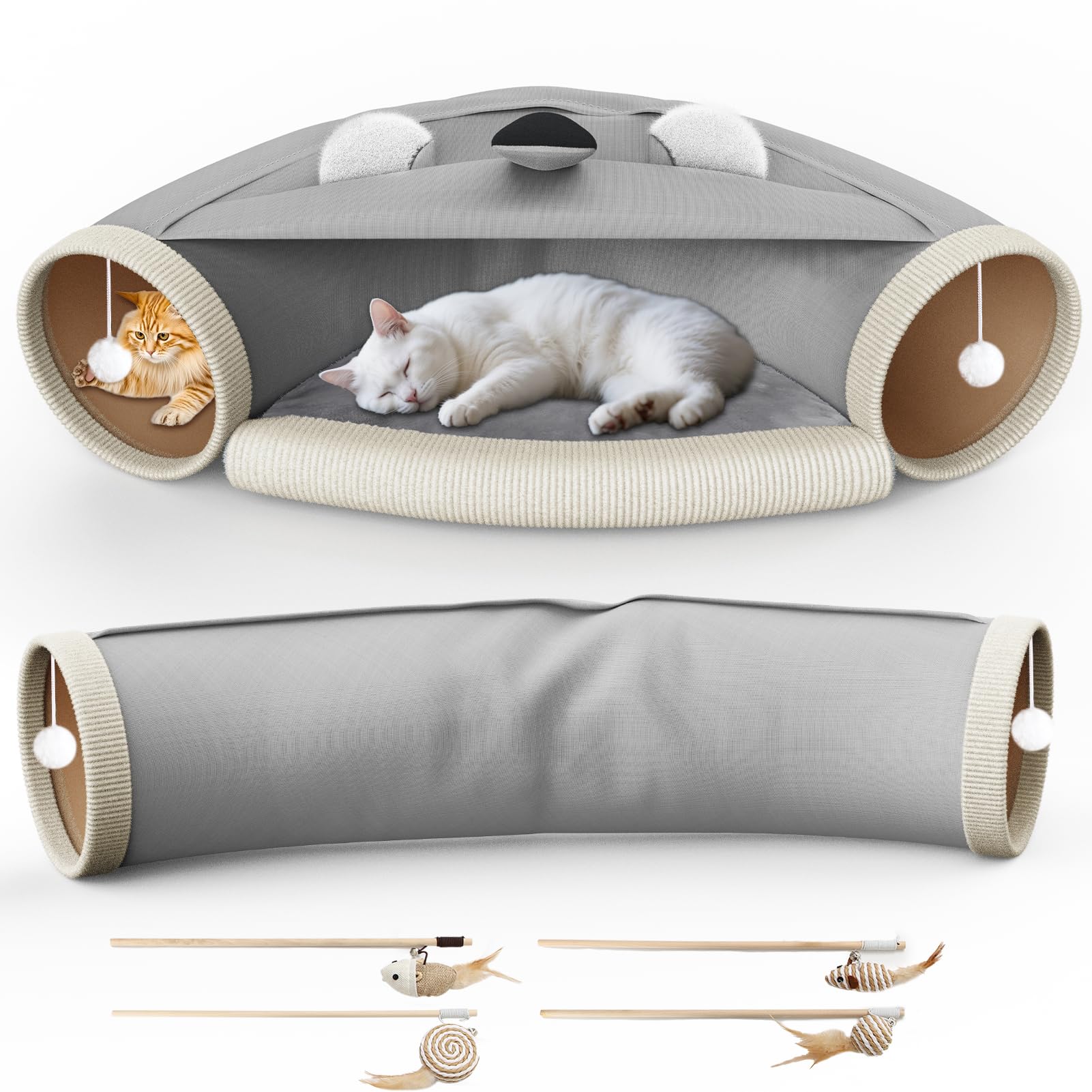 IKUSO Large Cat Tunnel & Tent With Ball Toy - 3-in-1 Washable Cat Bed, Detachable Straight Tunnel, Grey