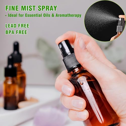 Miniatura 2 de Botellas rociadoras de vidrio ámbar de 2 onzas para aceites esenciales, cabello, cuidado de la piel, limpieza y viajes, paquete de 2 botellas