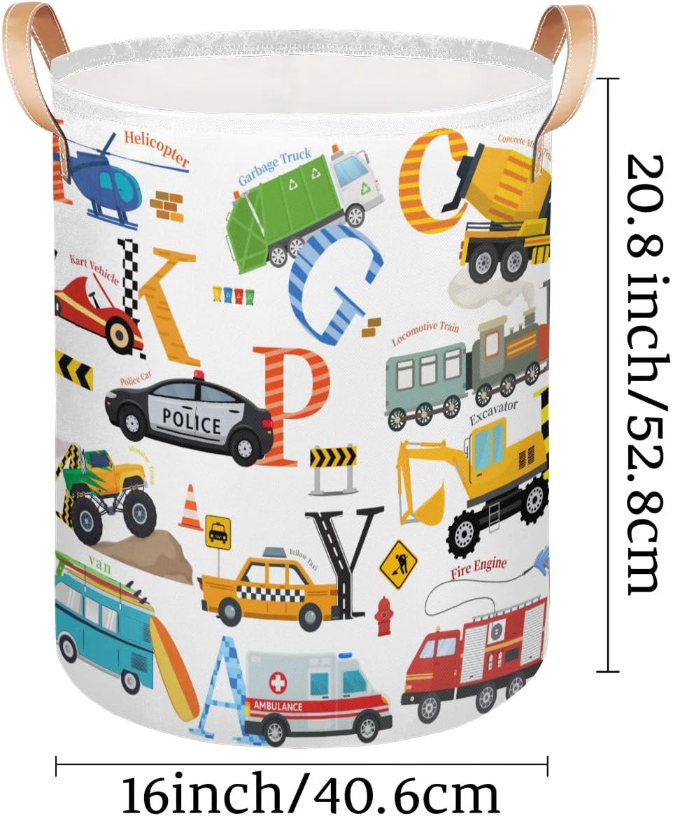Alphabet Car Kids Laundry Basket, Cartoon Vehicles Nursery Laundry Hamper Foldable Storage Bin Toy Basket Dirty Clothes Storage Basket with Handles Organizer for Bedroom Bathroom