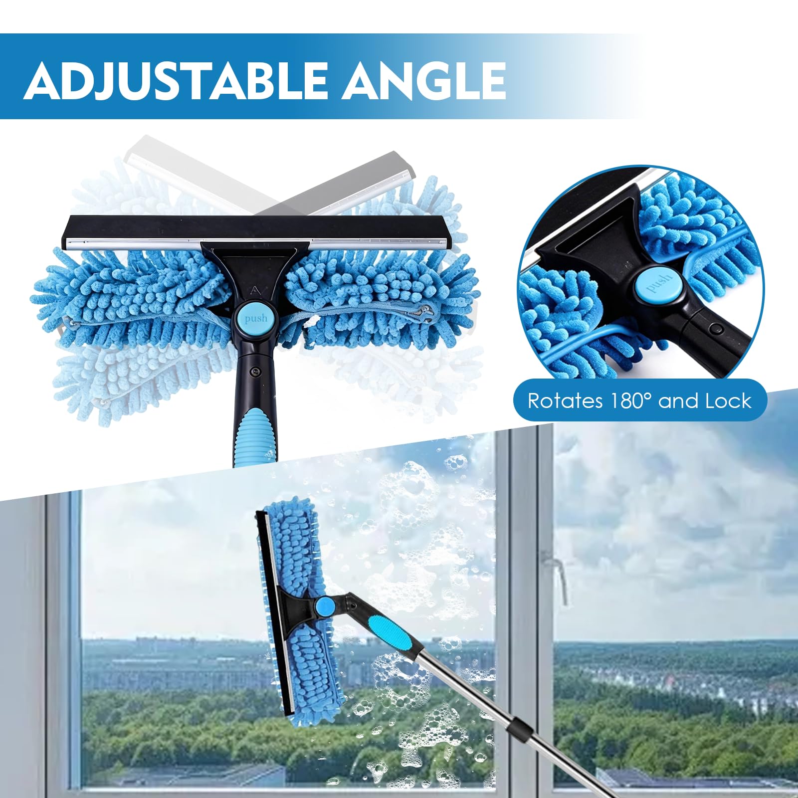 Limpiacristales Telescopico, 10 Palos, 0,13-4 m, Cabezal Giratorio 180°, Paños Repuesto, Chenilla y Cepillo, para Techos Terrazas, Invernaderos, Claraboyas, Grandes Superficies Acristaladas - 4