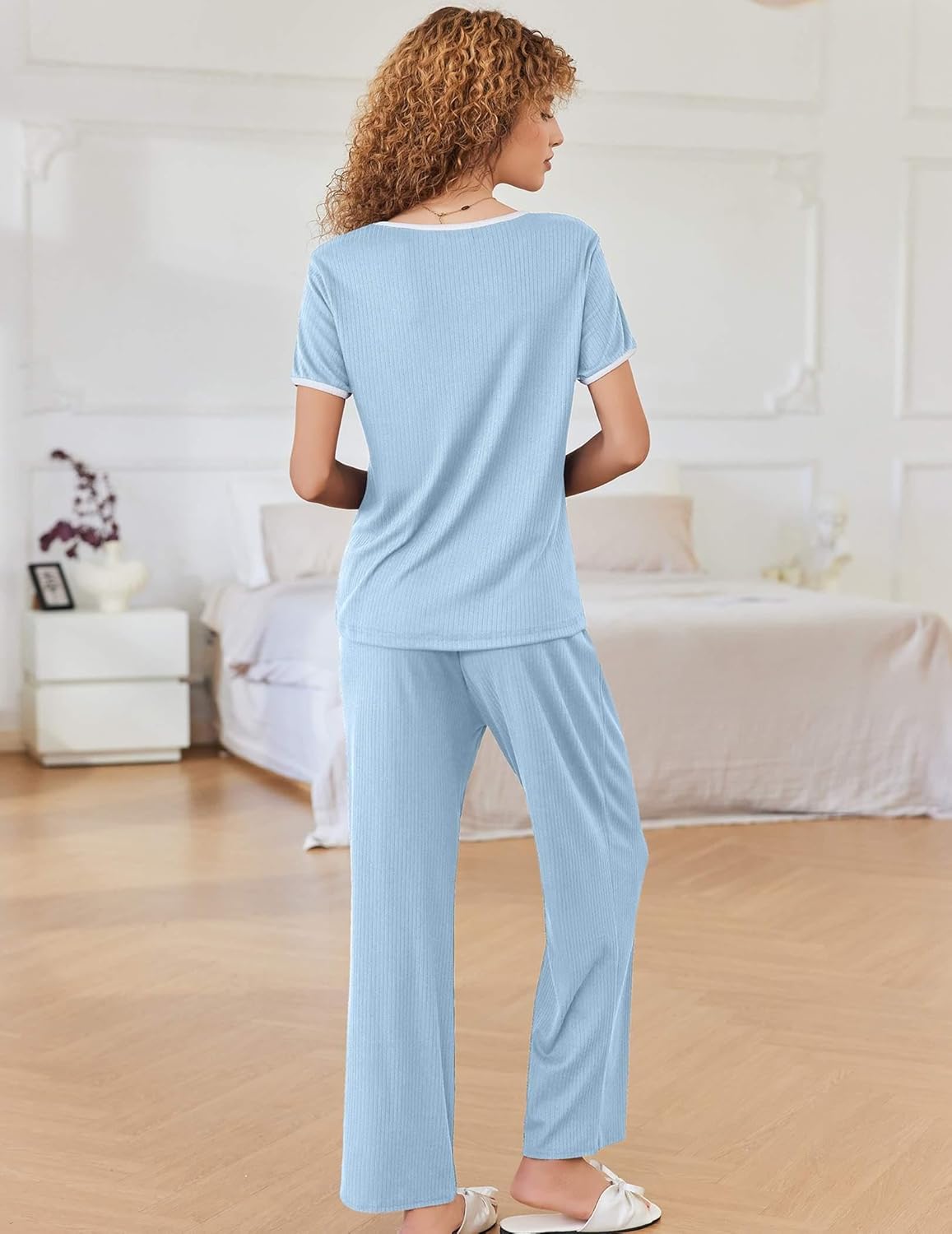 Ekouaer Women Lounge Pajamas Sets Ribbed Knit PJ Short Sleeve and Long Pajama Pant Soft 2 Piece Sleepwear Loungwear Set