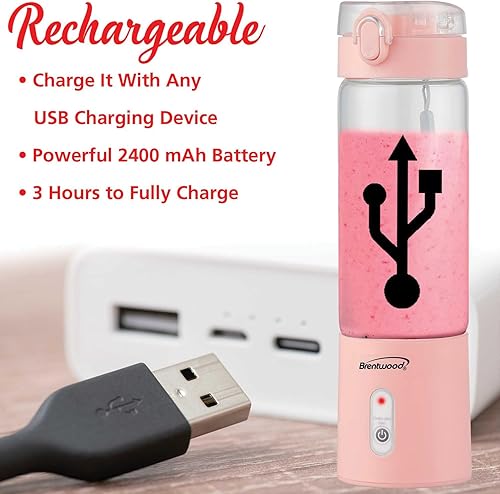 Miniatura 2 de Brentwood Licuadora portátil de vidrio cargable por USB de 50 vatios y 17 onzas (rosa)