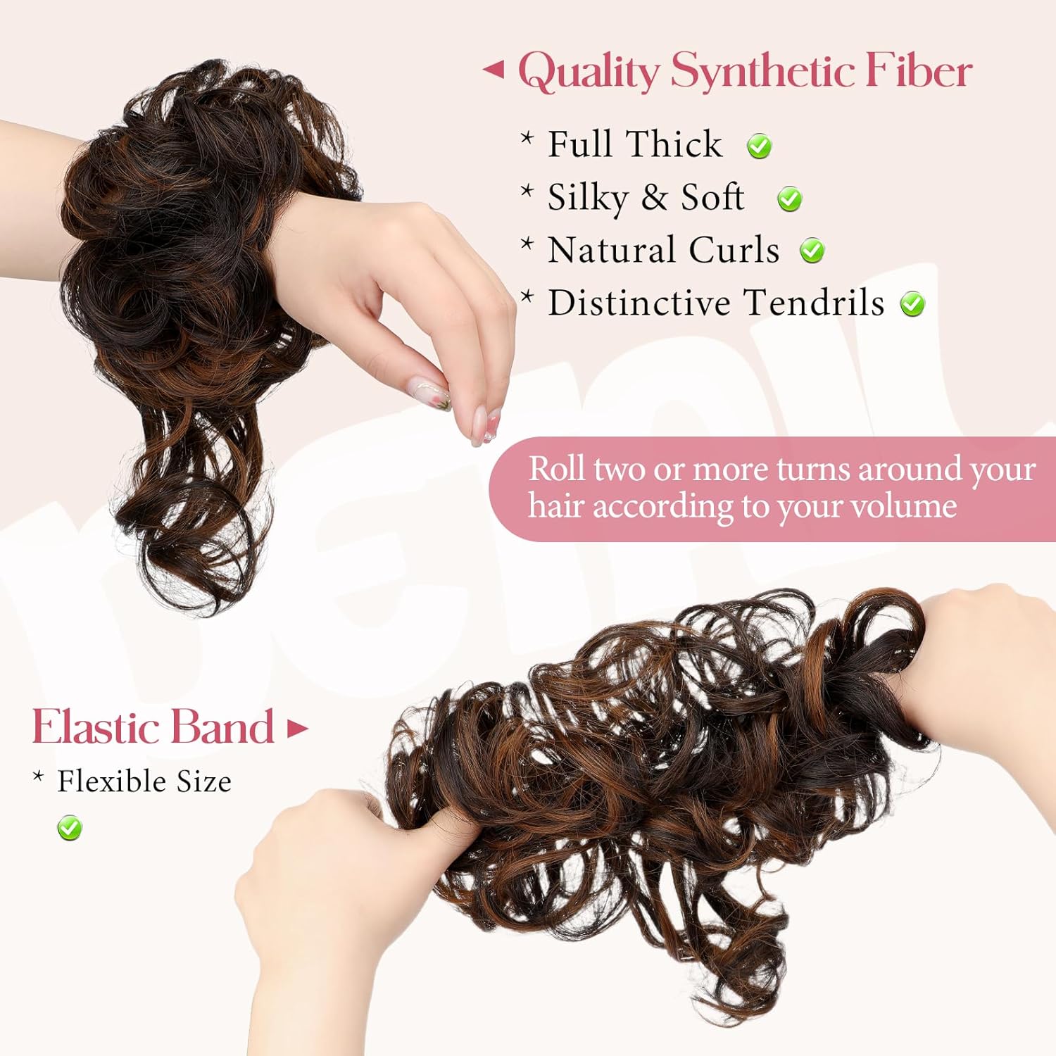2PCS Messy Bun Hair Piece Tousled Updo with Tendrils Wavy Curly Hair Bun Scrunchies Ponytail Extension Elastic Band Hairpieces For Women (Dark Brown Mix Light Auburn) - Image 2