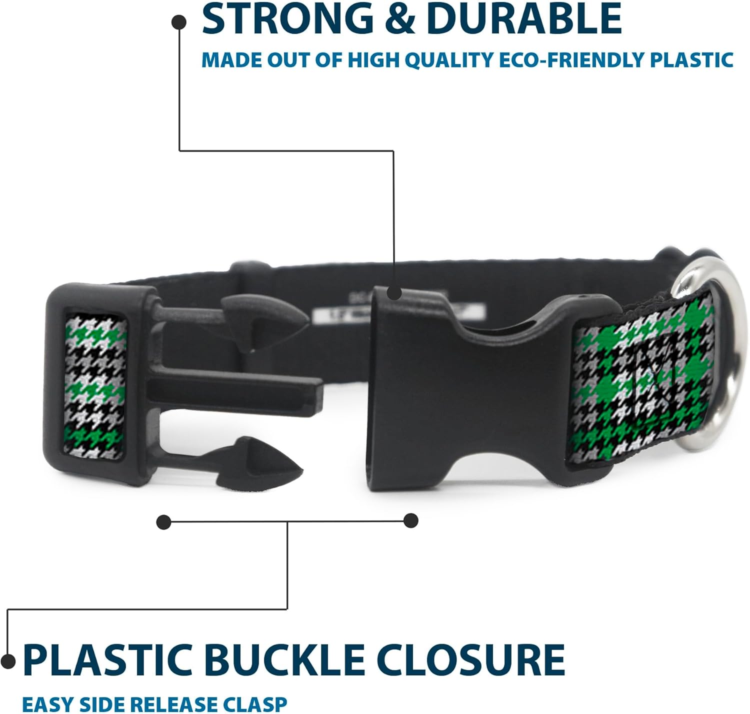Buckle-Down Plastic Clip Collar - Mini Houndstooth Green/Black/Gray - 1.5" Wide - Fits 13-18" Neck - Small