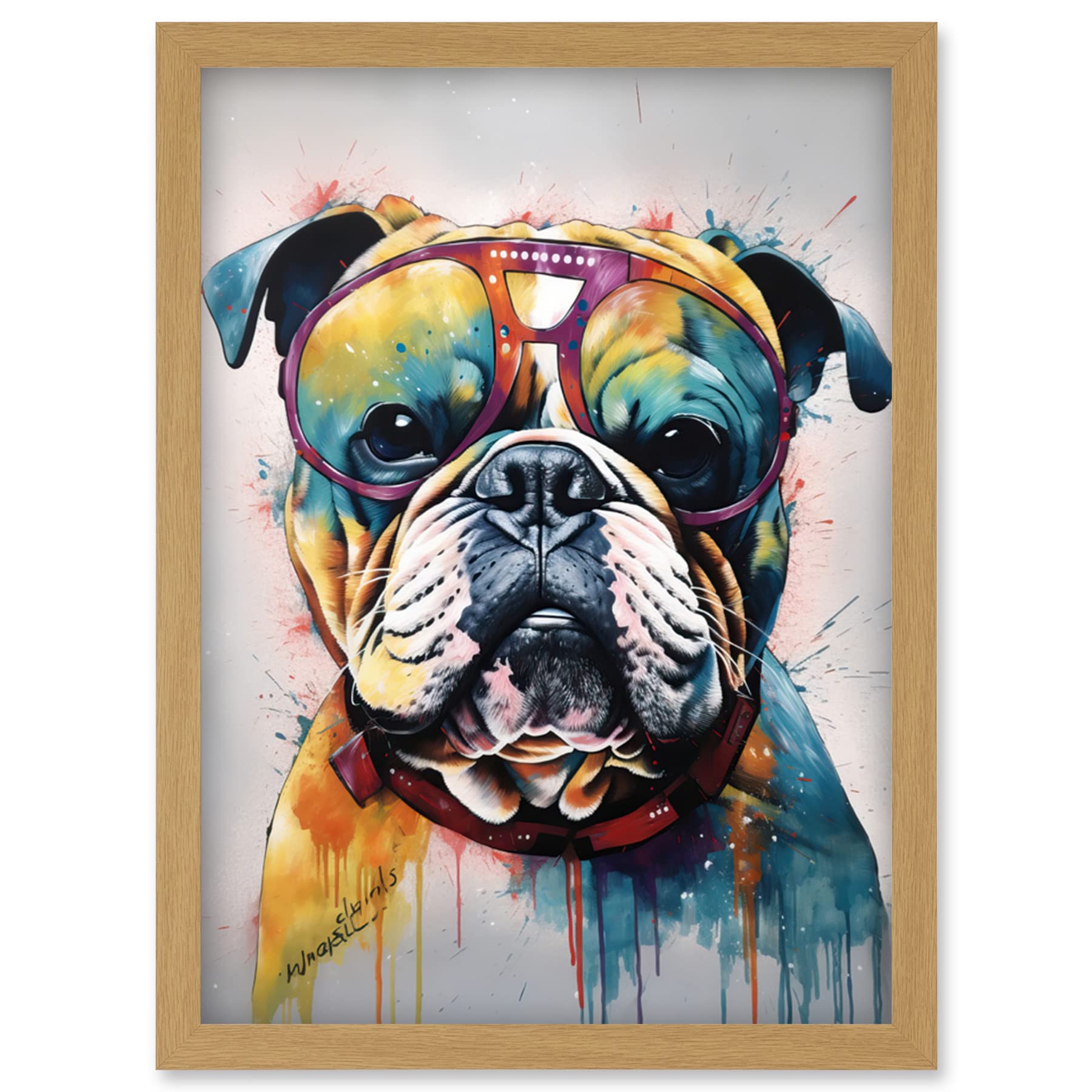 Artery8 English Bulldog Dog Wearing Vintage Sunglasses Artwork Framed Wall Art Print A4