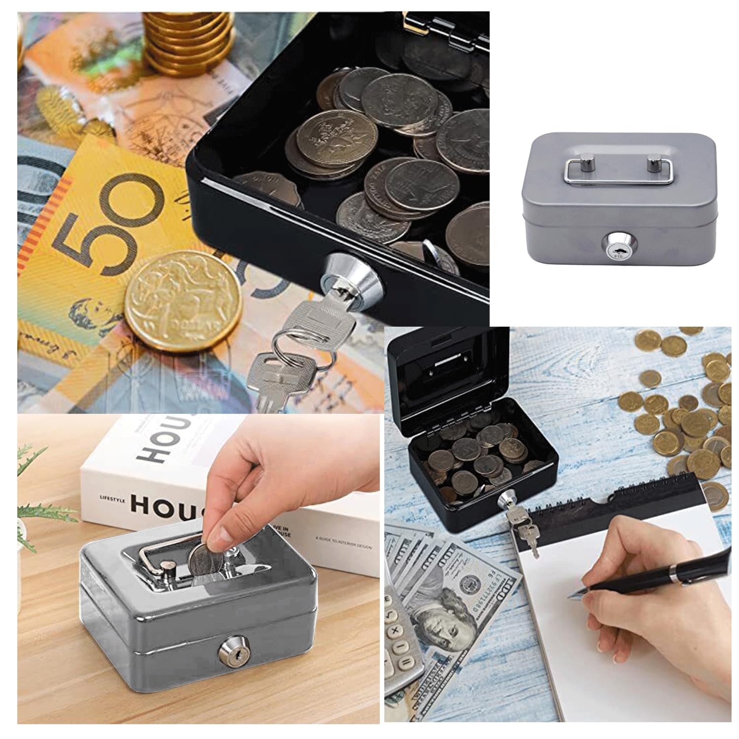 Petite Caisse Monnaie Caisse U00e0 Monnaie, Verrouillable, Compartiments Pour Piu00e8ces Et Billets Tirelire Metal