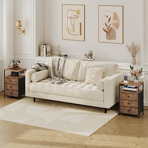 Miniatura 8 de Mesita de noche con estación de carga, mesa auxiliar con 3 cajones de tela, mesita de noche con puertos USB y tomacorrientes, mesita de noche para