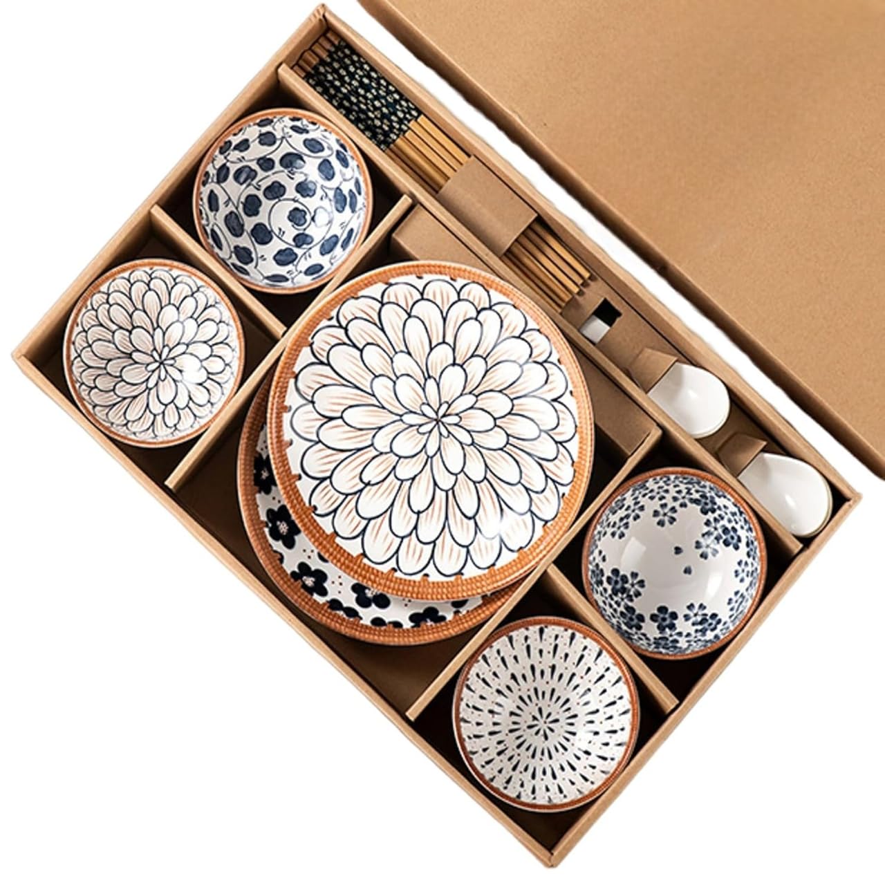 Japanese Ramen Ceramic Bowls and Plates Set Beautiful Gift Box Packed Kitchen Floral Dinnerware Set Apply to Soup, Pasta, Salad,Rice,Snack,Yogurt Lunch, Dinner, Festive Gifts (Bowl H)