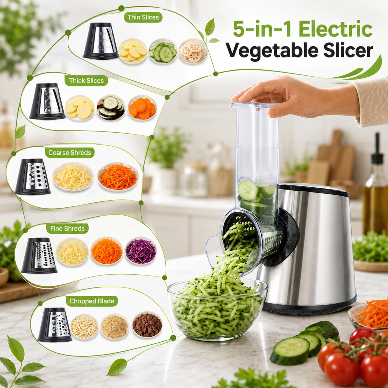 Rallador Eléctrico Profesional 5 en 1, 800 W con 5 Conos en Acero Inoxidable, Cortador y Picadora Multifunción con Apertura Grande de 9 cm para Frutas, Verduras, Queso, Nueces, Zanahorias, Gris