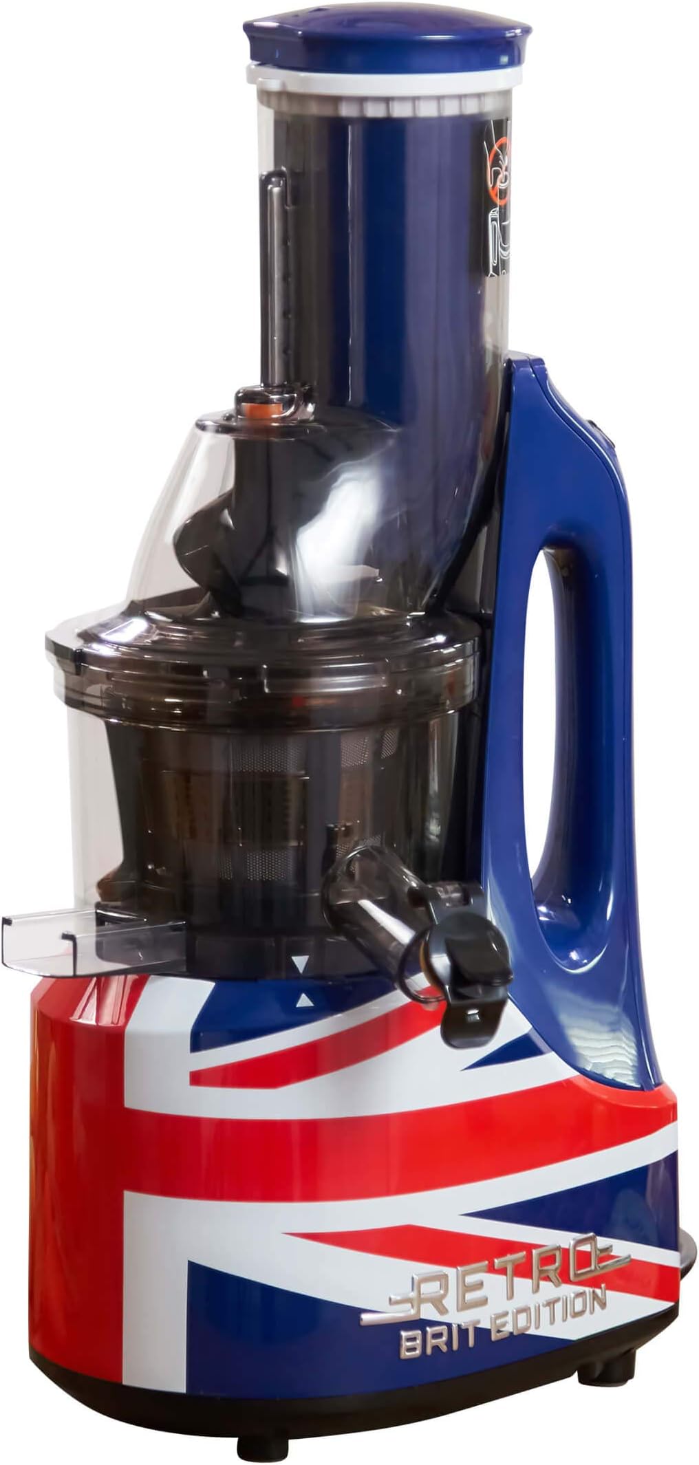 Retro Cold Press Union Jack Styled Masticating 240 Watt Juicer with Easy to Clean Parts and No Chopping Needed!