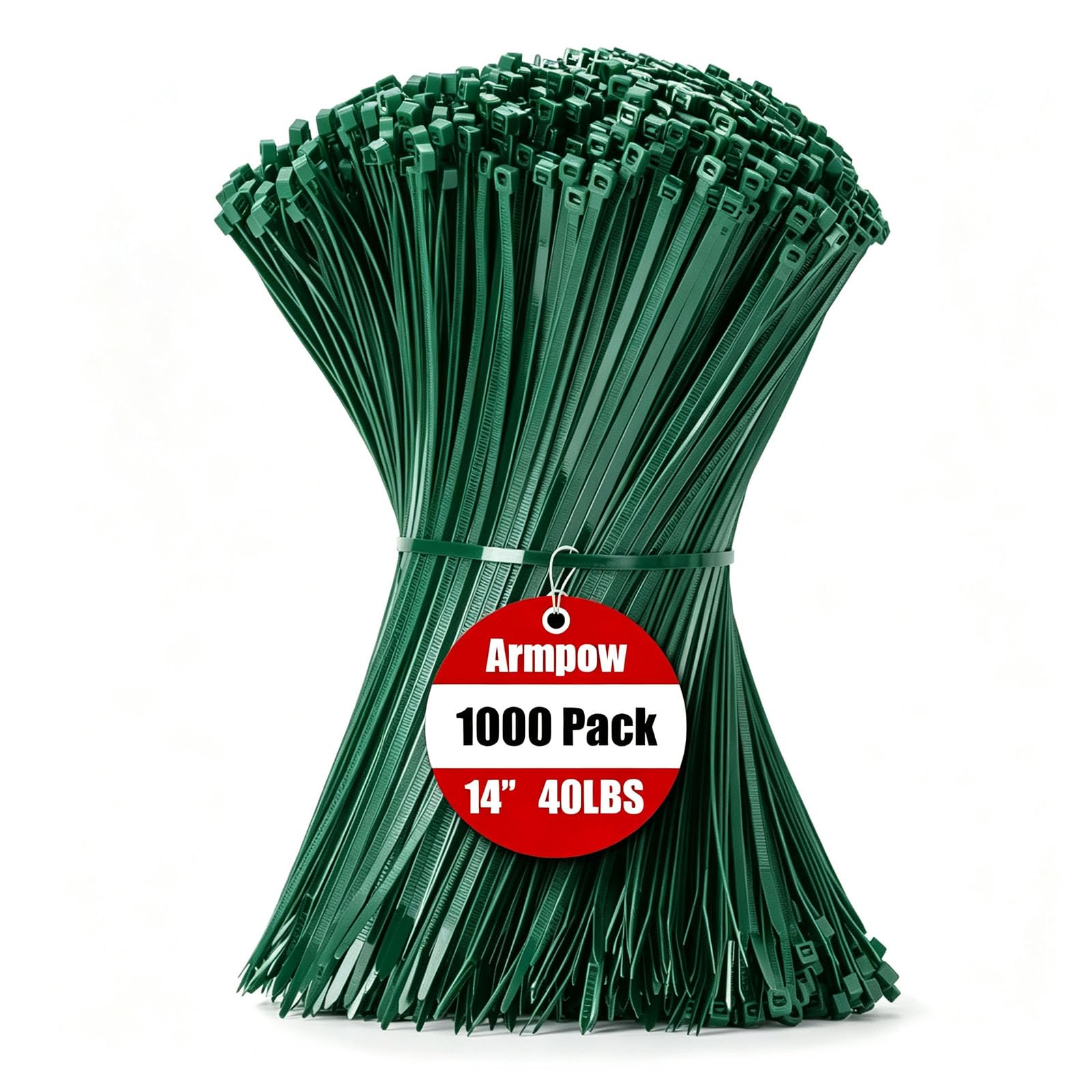 Armpow 14 Inch Zip Ties Garden Green 1000 PCS, 40 Lbs- Heavy Duty Tensile Strength, Nylon PA66 UV Resistant Cable Ties for Indoor and Outdoor Use - Ideal for object bundling and fastening