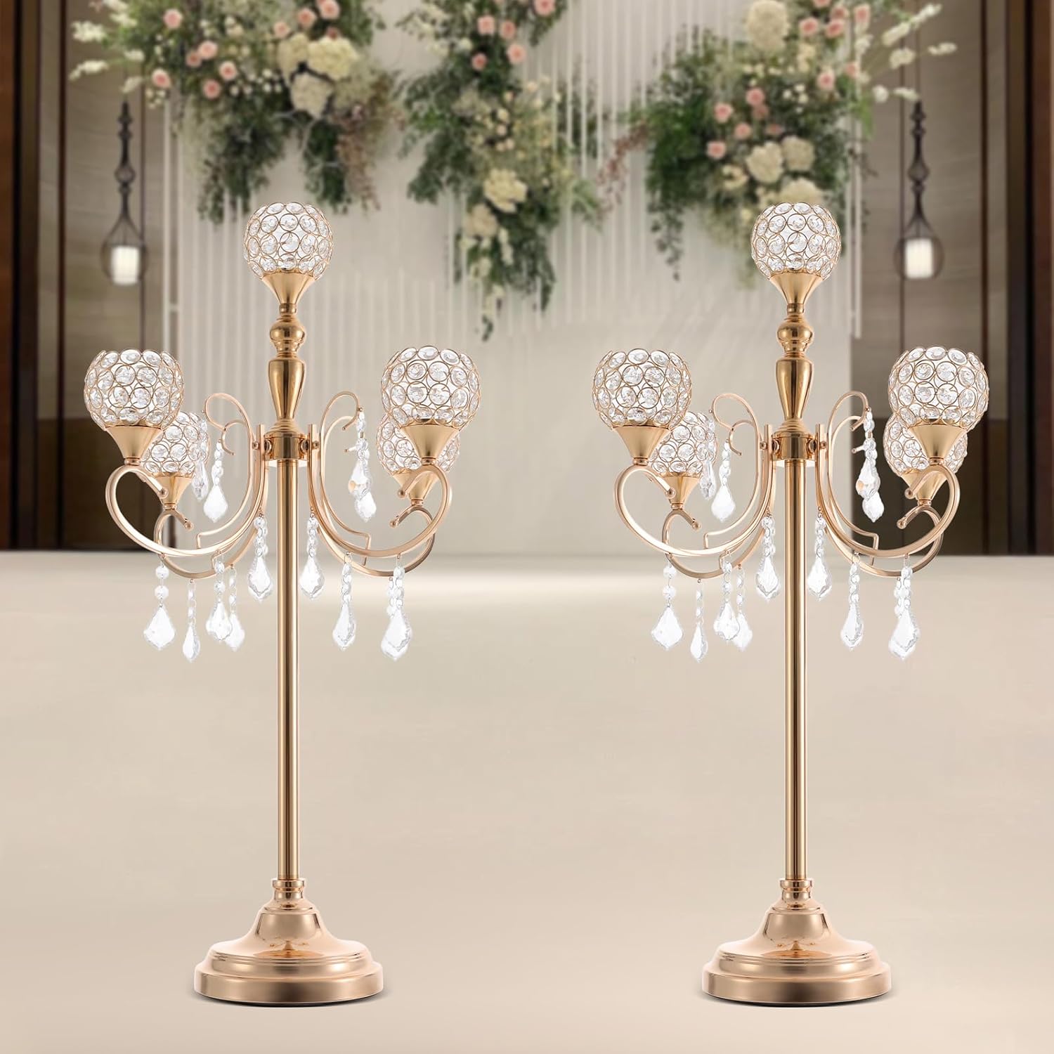 2 Packs 5 Arms Crystal Candelabra for Wedding Centerpiece, 33.8 Inch Tall Gold Floor Candle Holder Set with Chandelier Crystal Beaded, Anniversary Dinner Party Table Decoration Elegantes