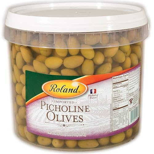 Roland Foods Picholine Aceitunas verdes, aceitunas enteras con hoyos, comida importada especial, tina de 88 onzas