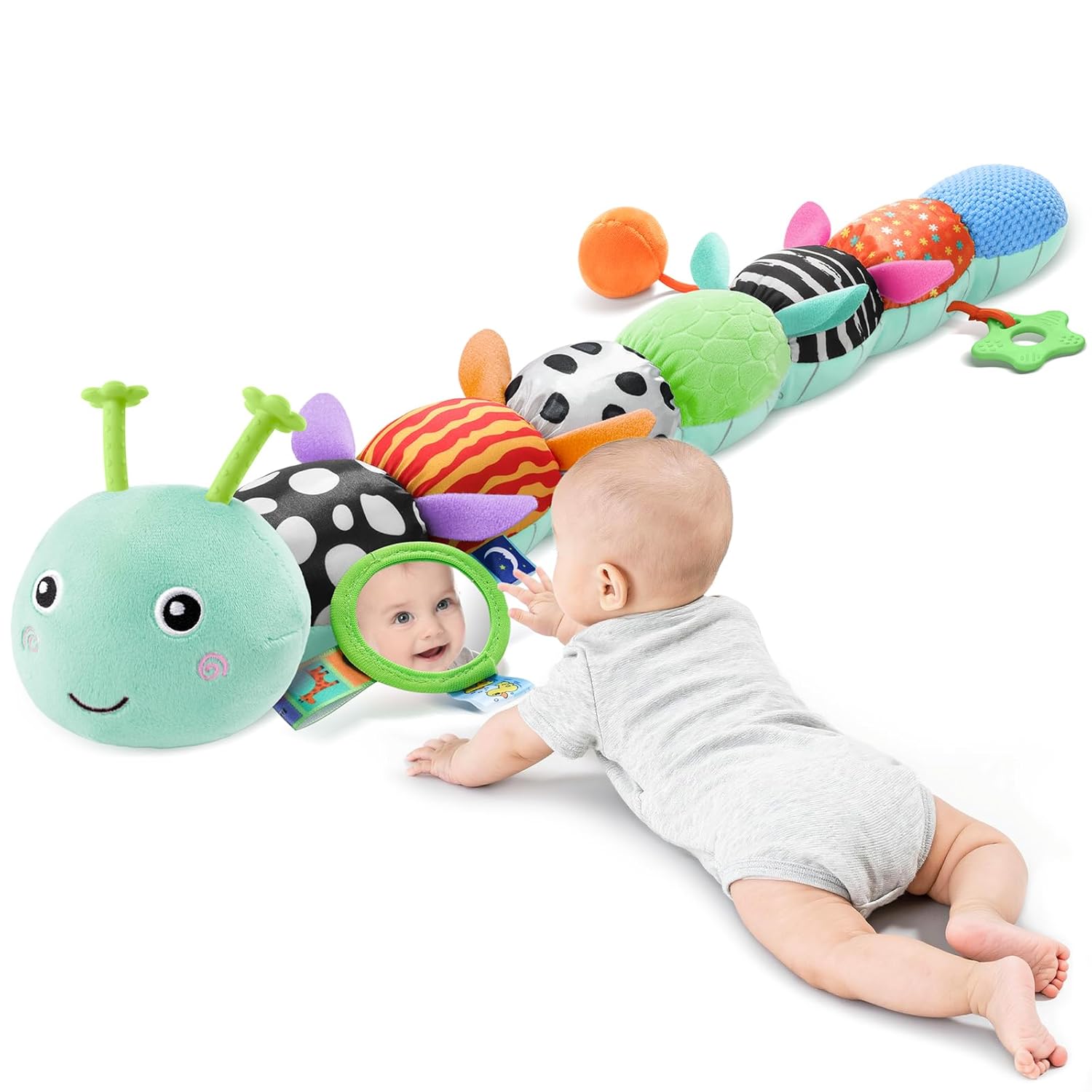 Baby Toys Sensory Musical Animal Stuffed Toy for Infant 0-3-6-12 Months Tummy Time Newborn, Plush Caterpillar with Mirror,Crinkle,Rattle Teething Toys for Baby Boys Girls Shower Gifts, Blue