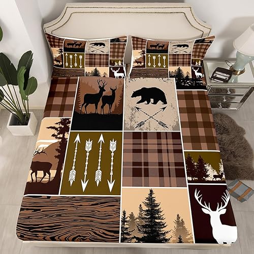 Miniatura 302 de Sábana bajera ajustable de oso de caza, juego de ropa de cama a cuadros de búfalo, sábanas de retazos de cabaña rústica para niños, niños, Multi