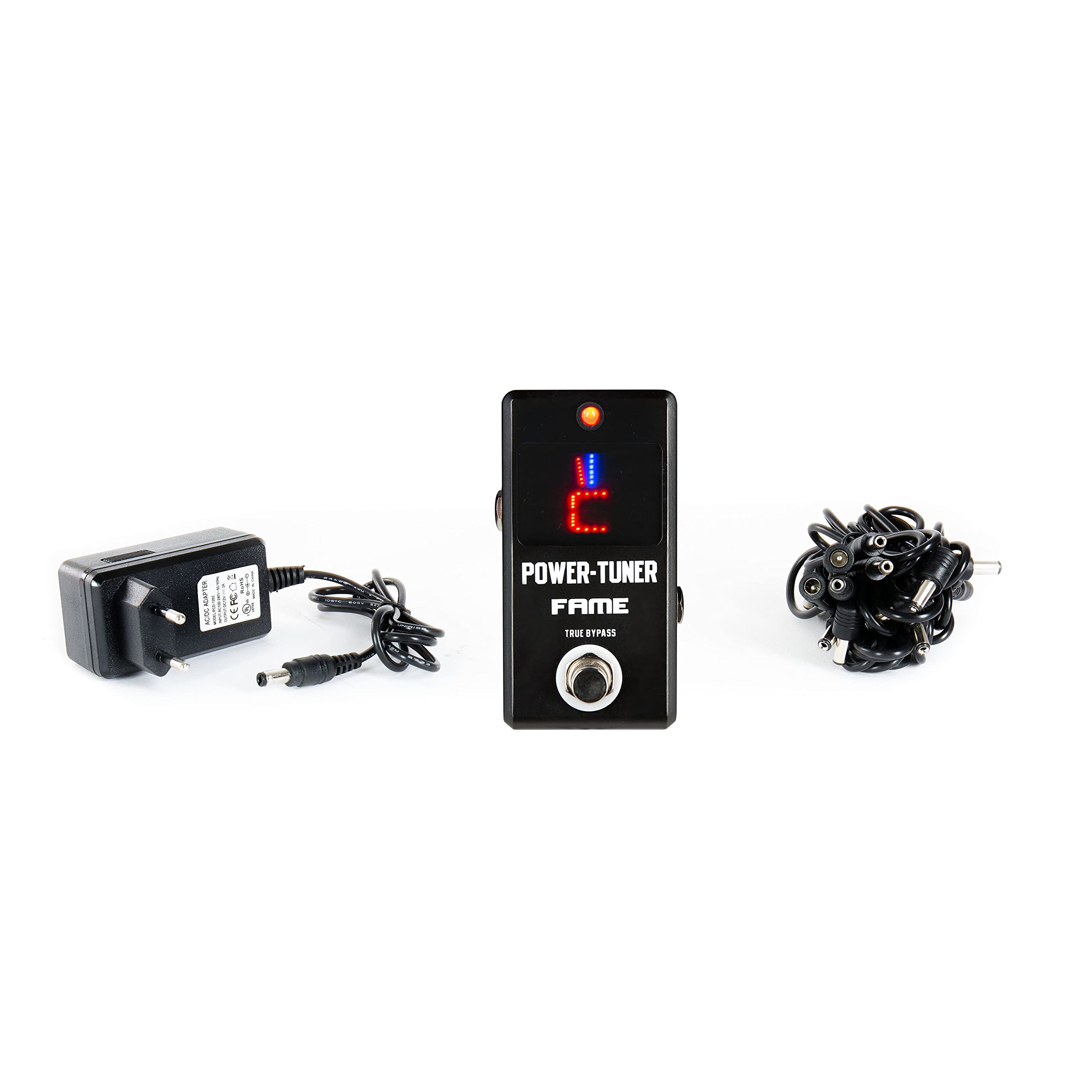 Fame Stimmgerät chromatisch für Gitarre und Bass, Power Tuner und Netzteil kombiniert, ideal für Pedalboard, Frequenz 12 Hz – 4186 Hz