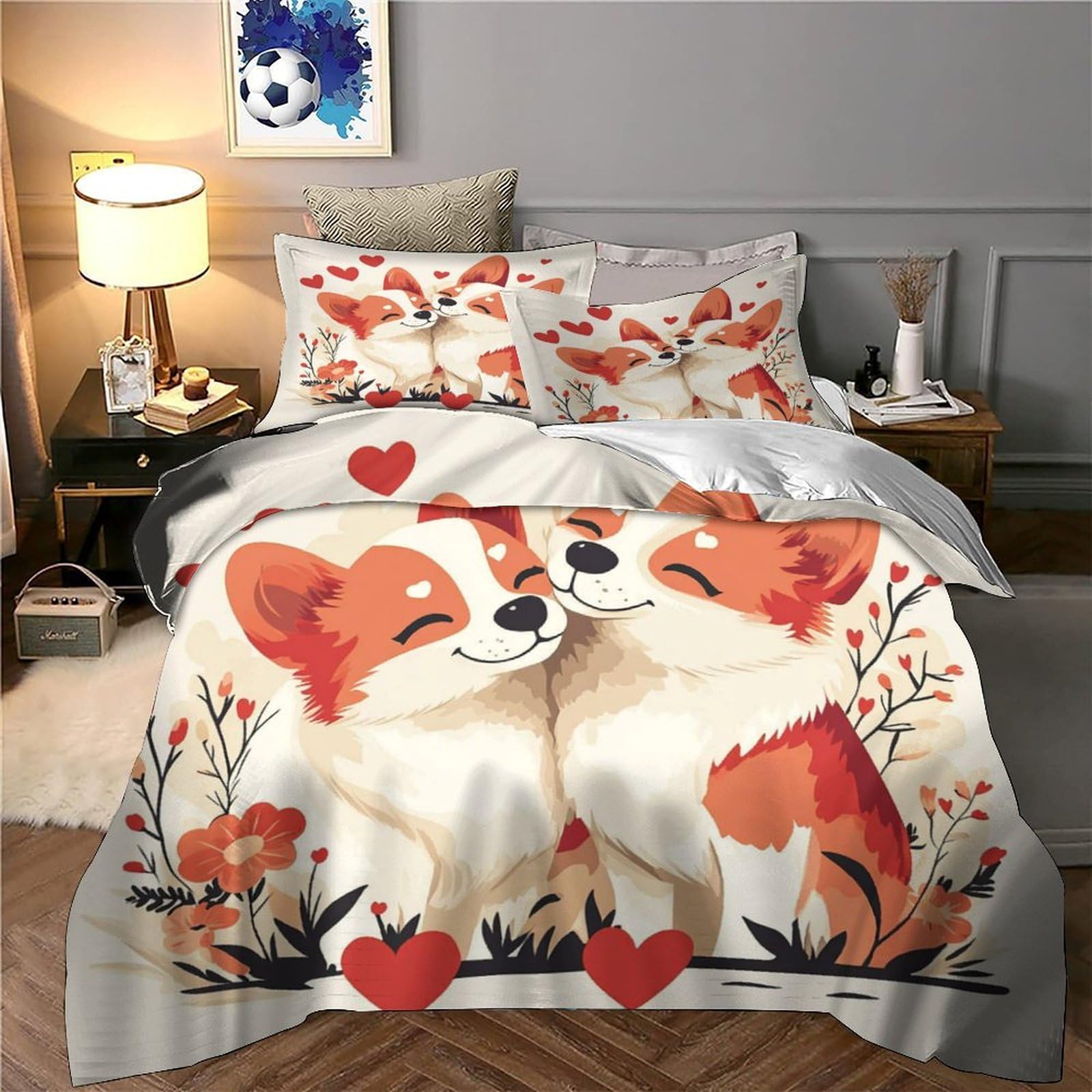 Corgi-Pärchen 3D-Bedruckt 3er-Set Kuschelbezug Romantischer Cartoon-Stil Bettbezug Mikrofaser Staubmilbenfest Hypoallergen für Jungen Mädchen Frauen Super King（260x220cm）