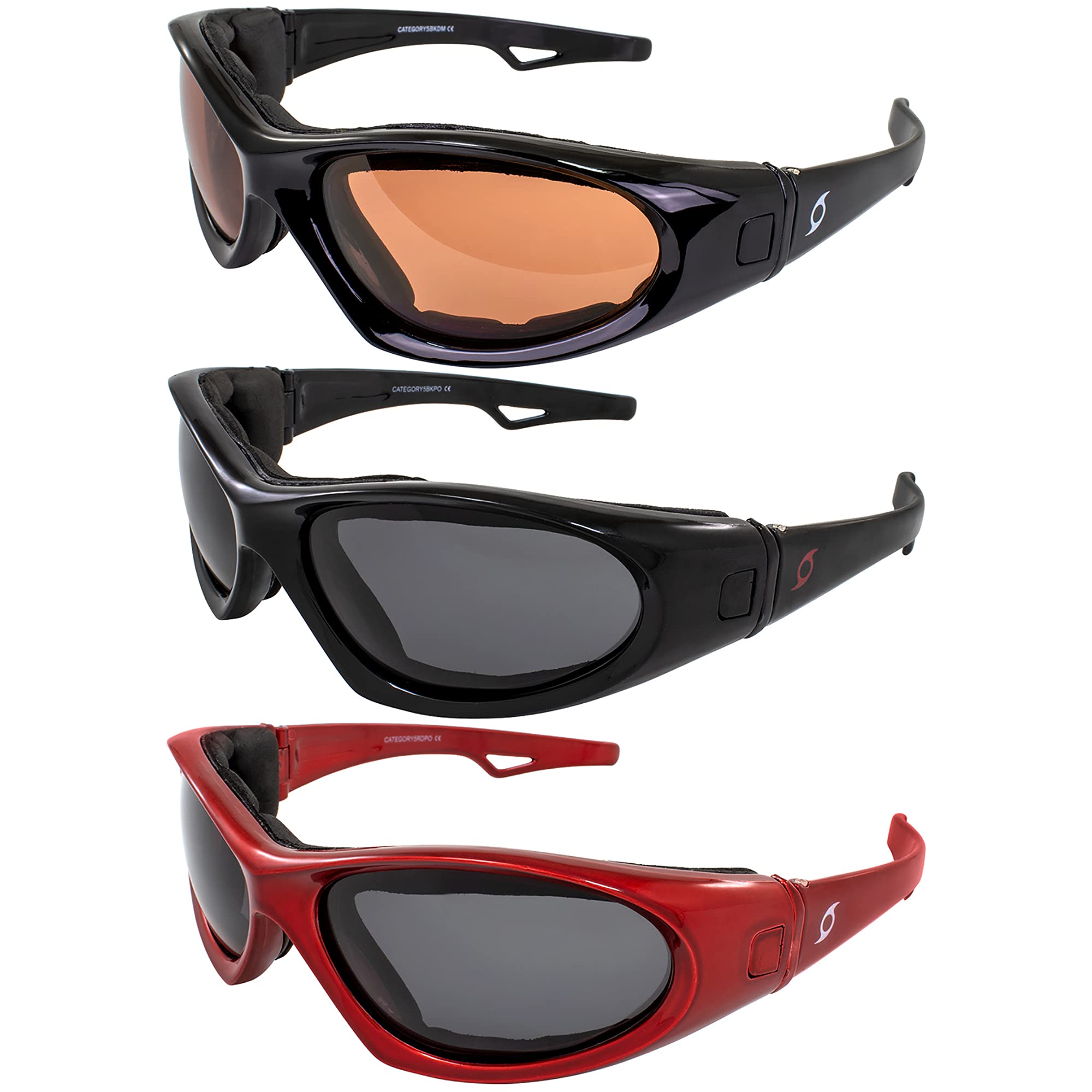 Hurricane Eyewear3 Pairs of Category 5 Jet & Water Ski Sunglasses & Goggles Hybrid - 2 Black Frames with Driving Mirror & Smoke Lenses & 1 Red Frame with Smoke Lenses, Smoke & Amber, Adult