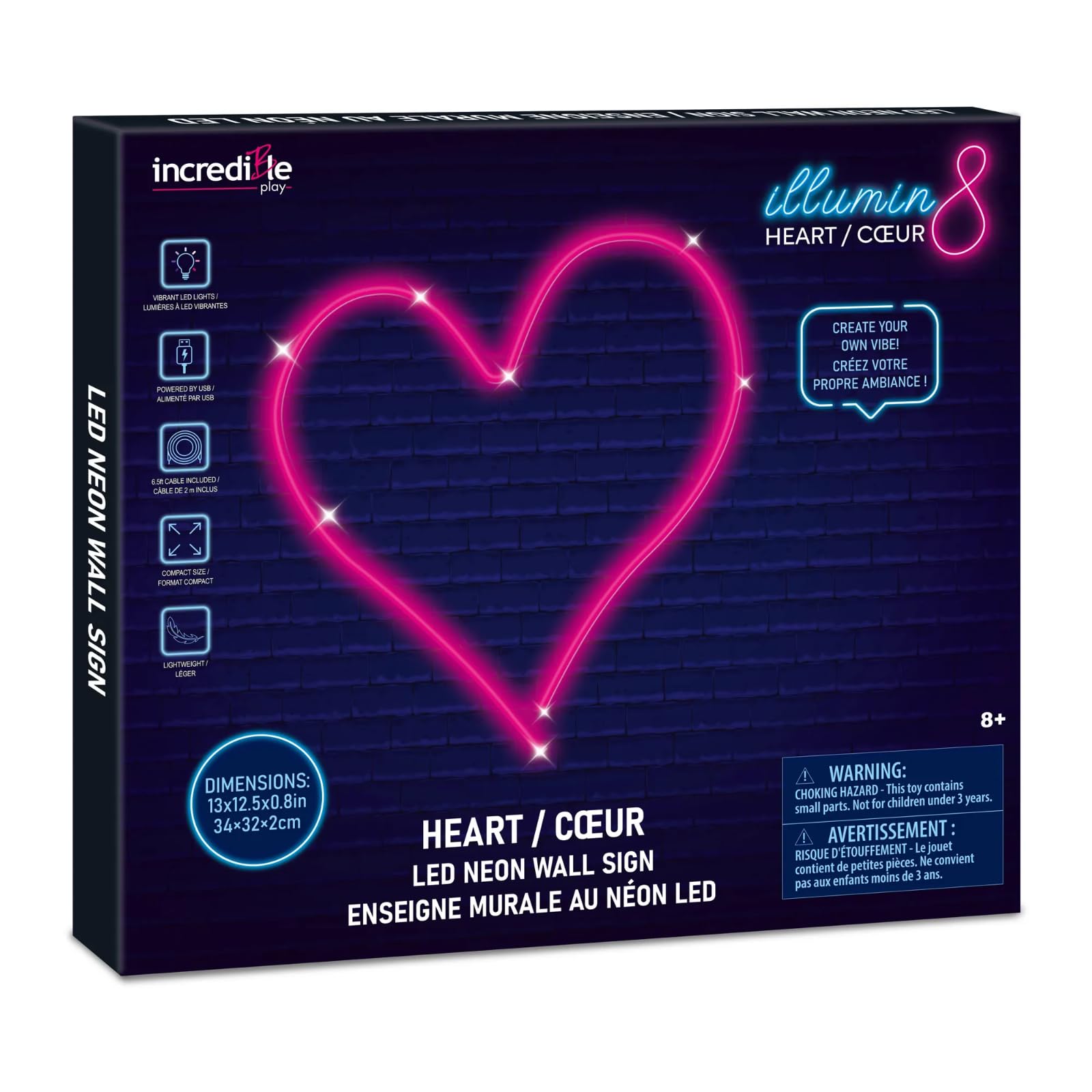 Incredible Novelties - Letrero de luz LED de neón en forma de corazón, 13 x 12.5 x 0.8 pulgadas, alimentado por USB, cable de 6.5 pies. No requiere herramientas. Peso ligero. Luces LED vibrantes