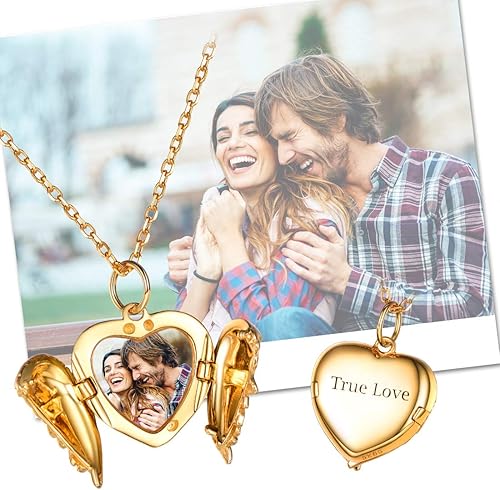 Miniatura 2 de SILVERCUTE Collar con medallón personalizado y grabado con cadena de 18 pulgadas, medallón de alas de ángel, colgante de medallón de corazón