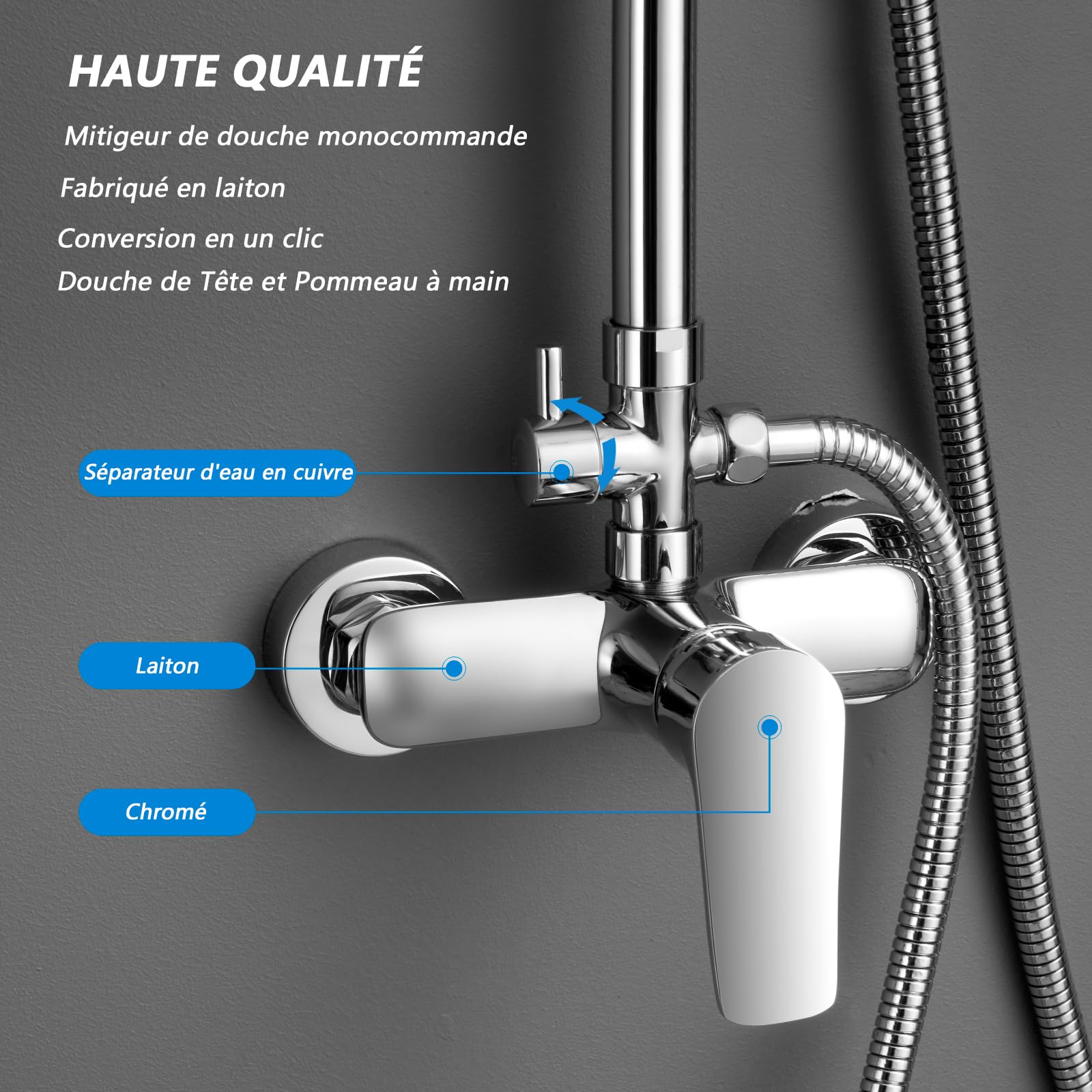 KOMIRO Colonne de Douche avec Mitigeur Mécanique, Ensemble de Douche Réglable en Hauteur, Mitigeur Douche Set, Chromé, Rond