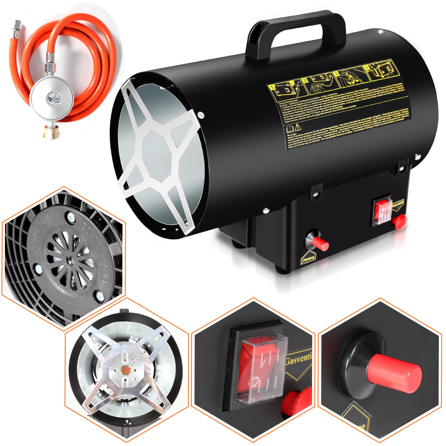 Gasheizgebläse 15 KW Gasheizer Heizkanone,gasheizung für innenräume, 700 mbar Gasheizstrahler inkl. 1.2m Verbindungschlauch, IPX4, Bauheizer für Gasflasche, Strahlungsbereich ca.225㎡