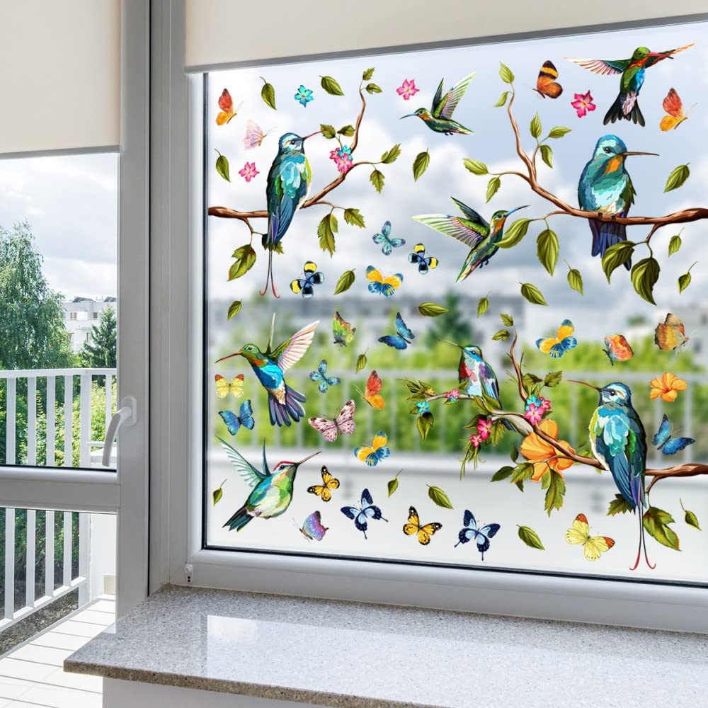 JUPSKWindow Stickers, Spring Window Clings for Glass, Branches Hummingbirds Butterflies Electrostatic Glass Stickers, Anti-Collision Window Decals Home Decor Stickers