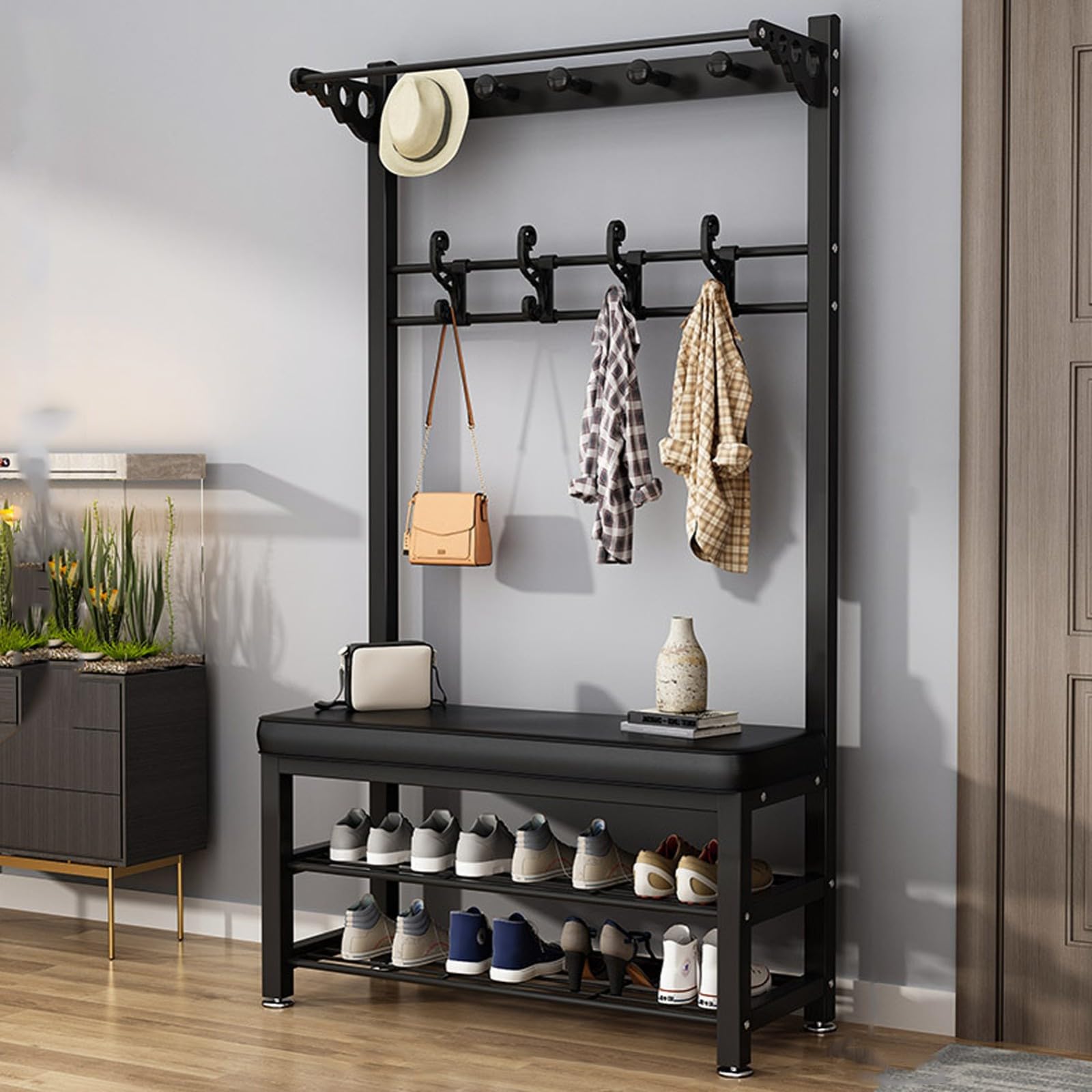 LWJSOCP 2 Tier Metal Coat Rack Shoe Bench with Shelves and Hooks Entryway Coat Rack Bench 80CM