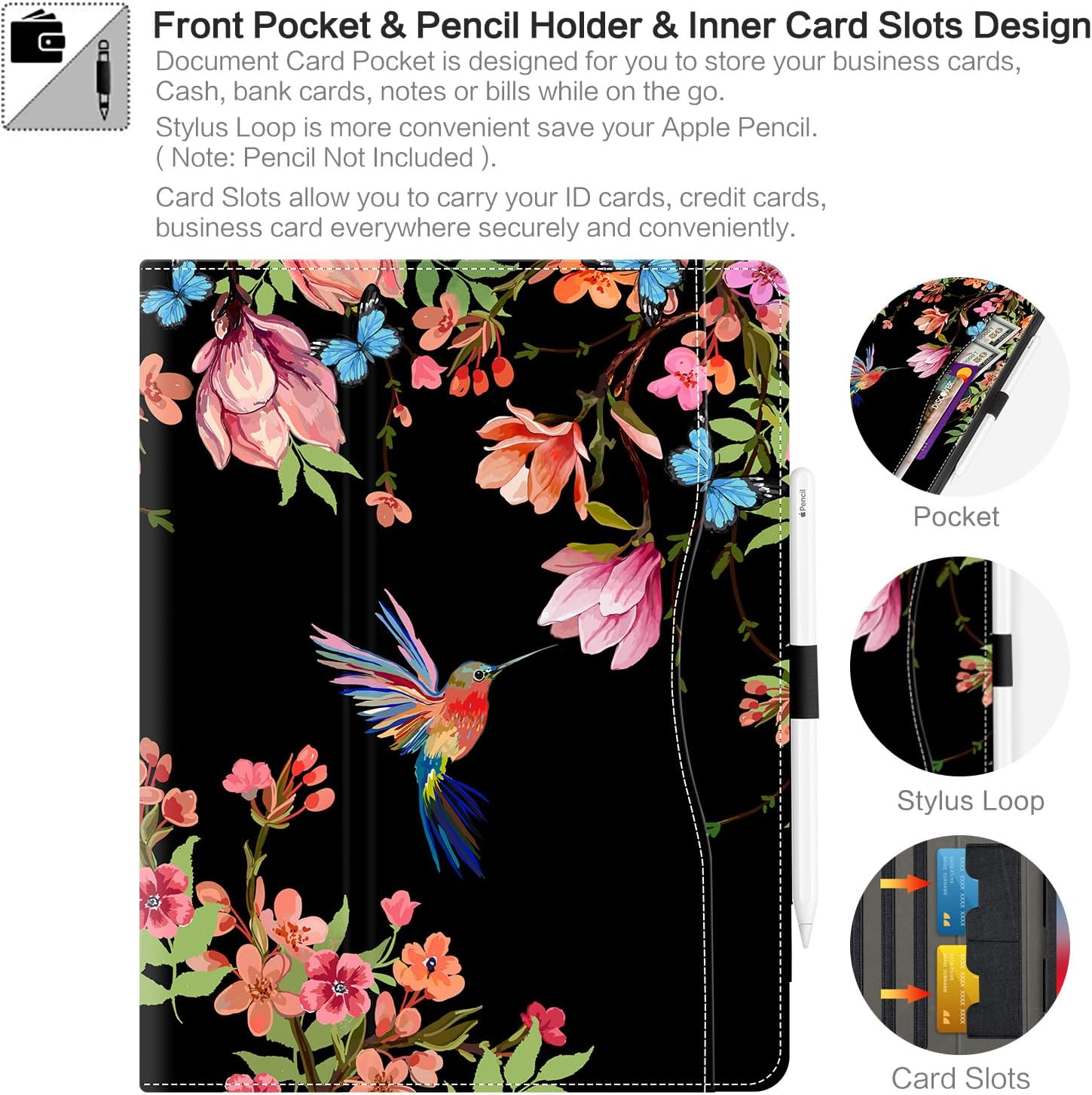 for iPad Air 13 inch Case (M4/M3/M2), iPad Pro 12.9 Case, for iPad Pro 13-Inch Case (M5/M4) Shockproof Padding with Pencil Holder Adjustable Stand/Pocket/Magnetic Closure/Auto Wake Sleep Hummingbird