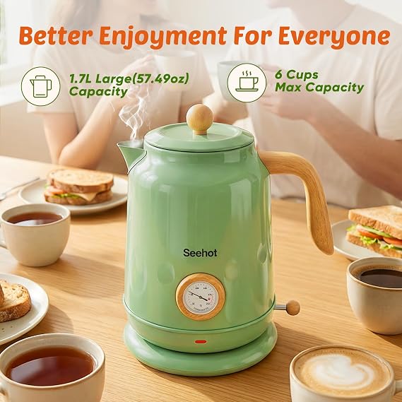 Seehot Electric Kettle With Thermometer, 1.7L Electric Tea Kettle, 1200W Hot Water Kettle Electric, Auto Shutoff, Boil-Dry Protection, 304 Stainless Steel, Cordless Base,Green